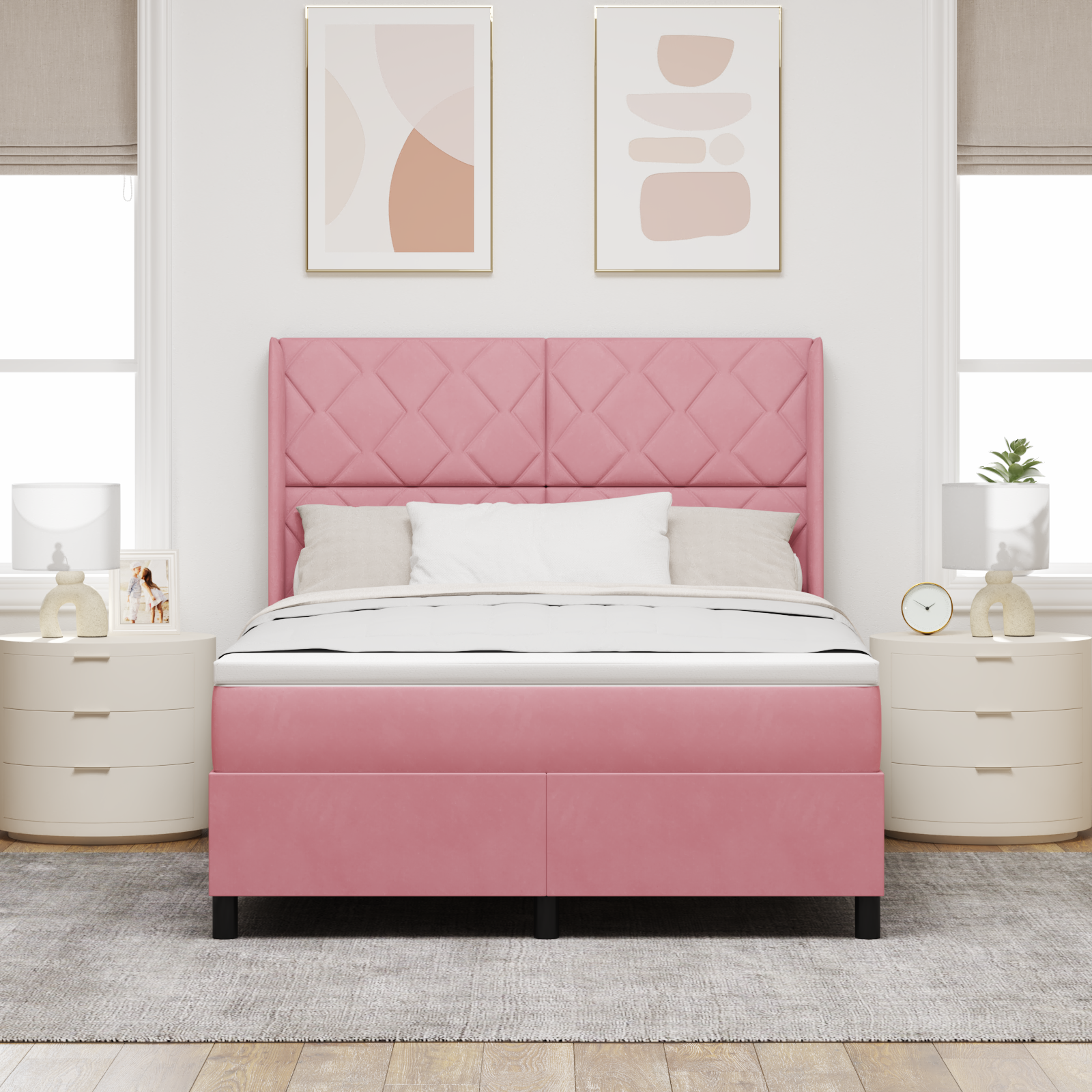 vidaXL Pat cu boxă spring LED și saltea Roz 140 x 200 cm Catifea vidaXL Pat cu boxă spring LED și saltea Roz 140 x 200 cm Catifea