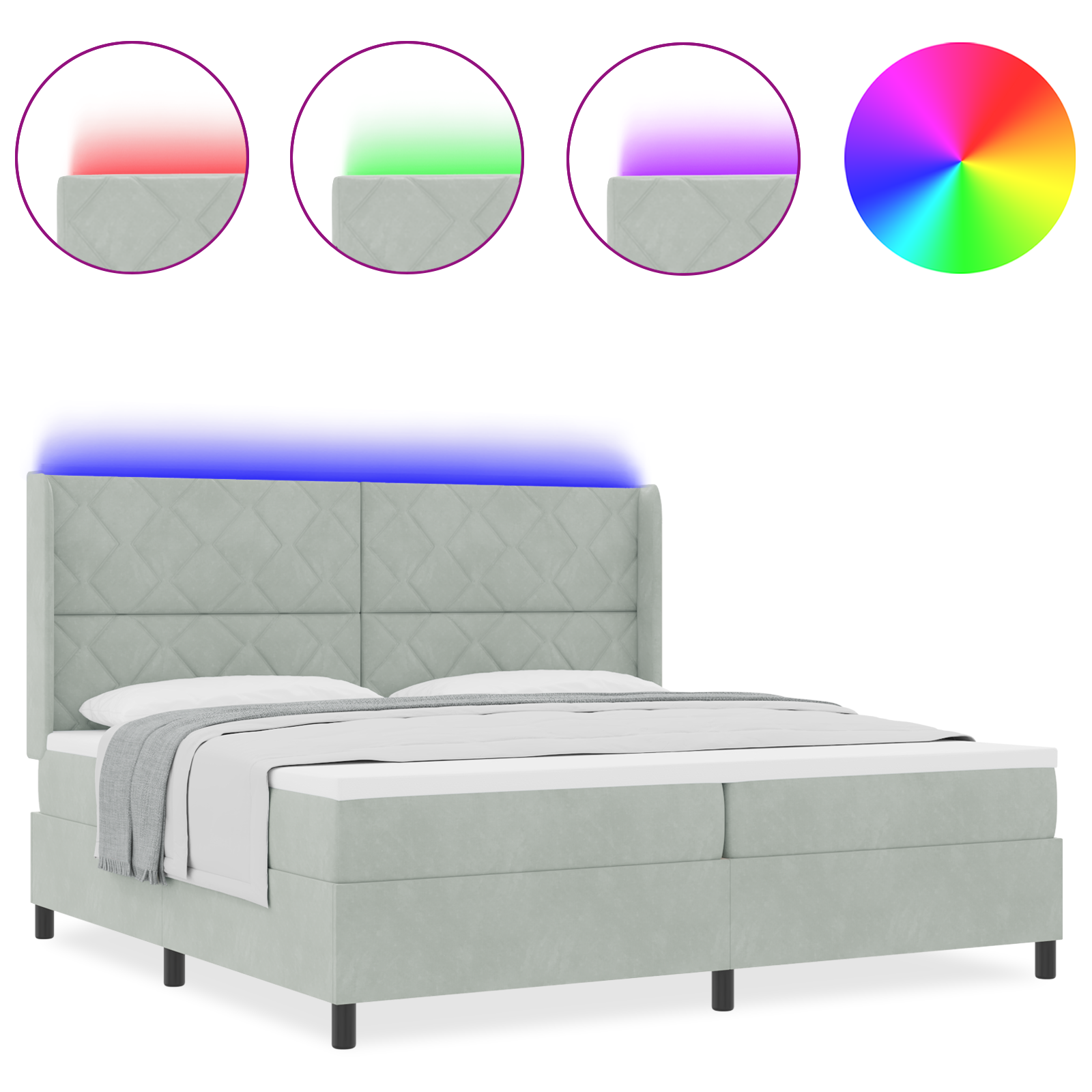 vidaXL Pat cu boxă spring LED și saltea Gri deschis 200 x 200 cm vidaXL Pat cu boxă spring LED și saltea Gri deschis 200 x 200 cm