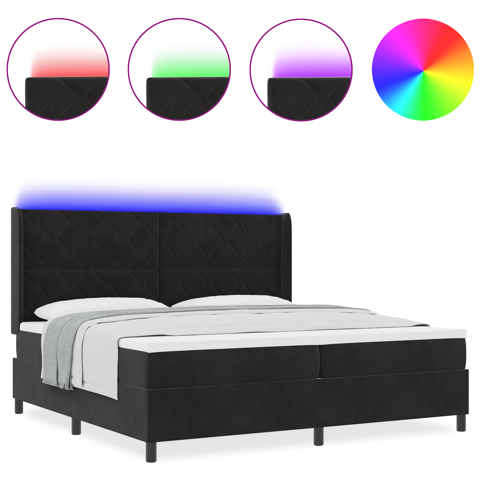 vidaXL Pat cu boxă spring LED și saltea Negru 200 x 200 cm Catifea vidaXL Pat cu boxă spring LED și saltea Negru 200 x 200 cm Catifea