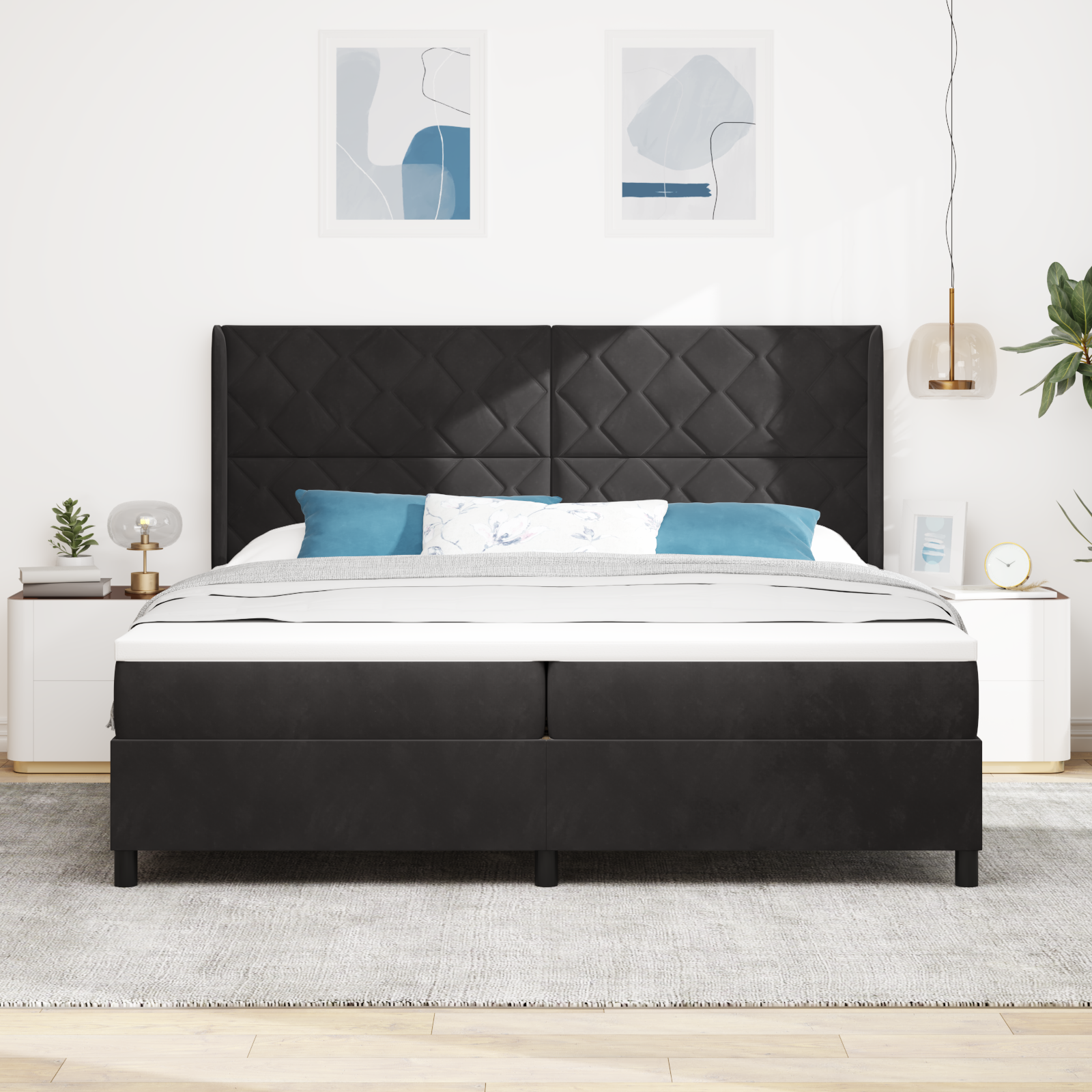 vidaXL Pat cu boxă spring LED și saltea Negru 200 x 200 cm Catifea vidaXL Pat cu boxă spring LED și saltea Negru 200 x 200 cm Catifea