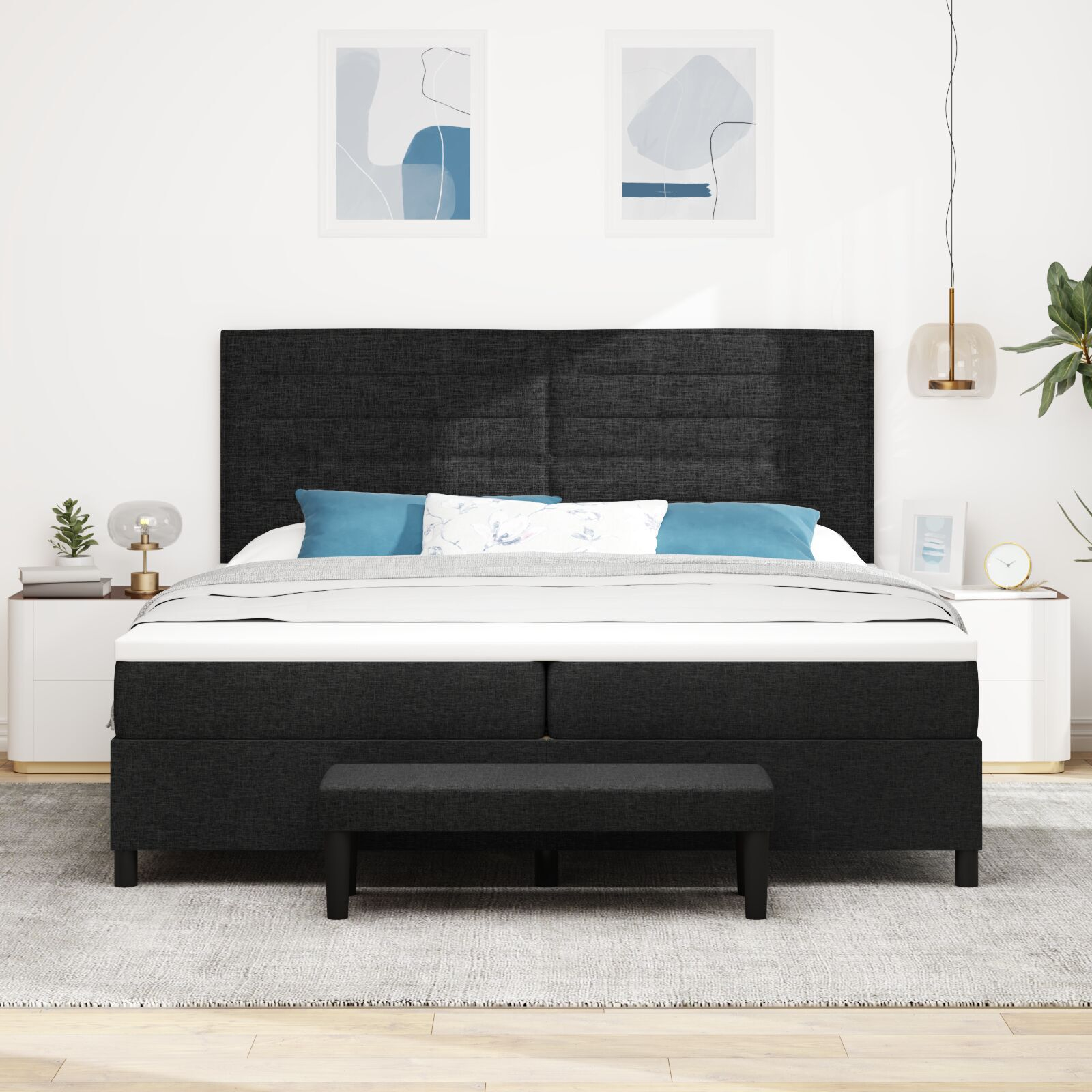vidaXL Pat cu arcuri cu saltea Negru 200 x 200 cm țesătură vidaXL Pat cu arcuri cu saltea Negru 200 x 200 cm țesătură