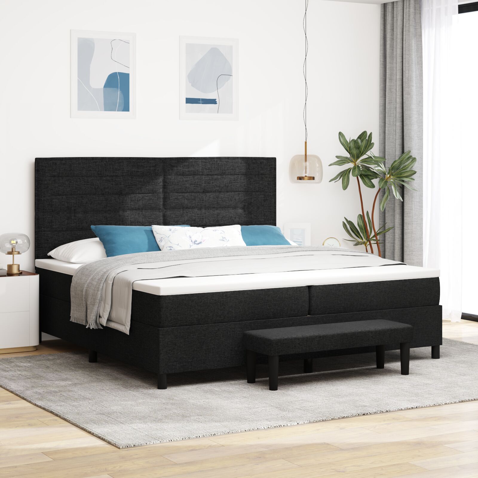 vidaXL Pat cu arcuri cu saltea Negru 200 x 200 cm țesătură vidaXL Pat cu arcuri cu saltea Negru 200 x 200 cm țesătură