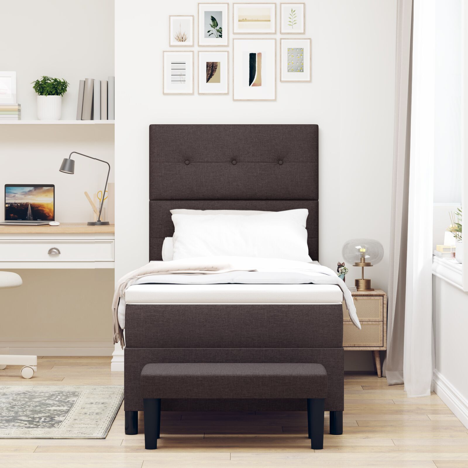 vidaXL Pat cu arcuri cu saltea Maro închis 90 x 200 cm țesătură vidaXL Pat cu arcuri cu saltea Maro închis 90 x 200 cm țesătură