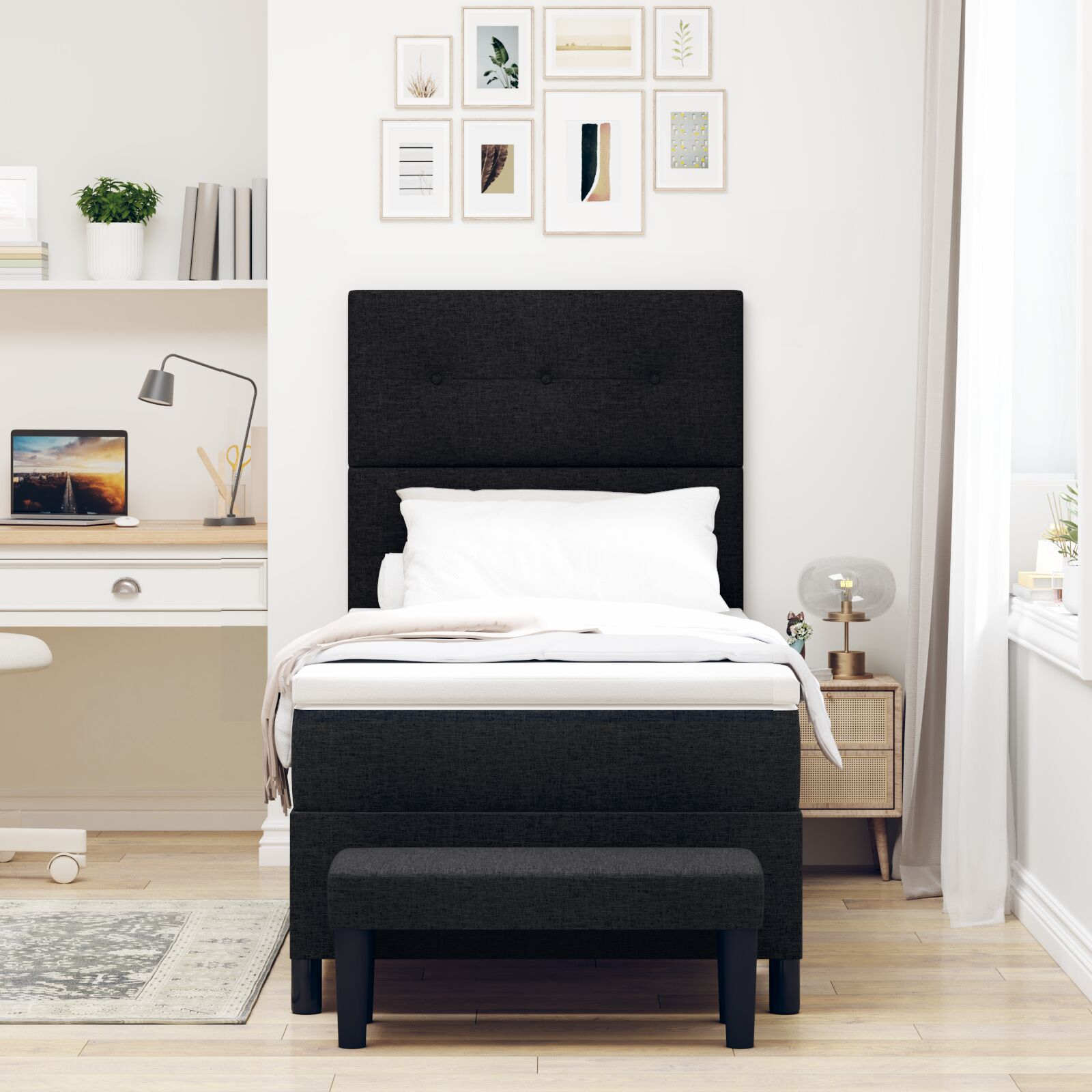 vidaXL Pat cu arcuri cu saltea Negru 100 x 200 cm țesătură vidaXL Pat cu arcuri cu saltea Negru 100 x 200 cm țesătură