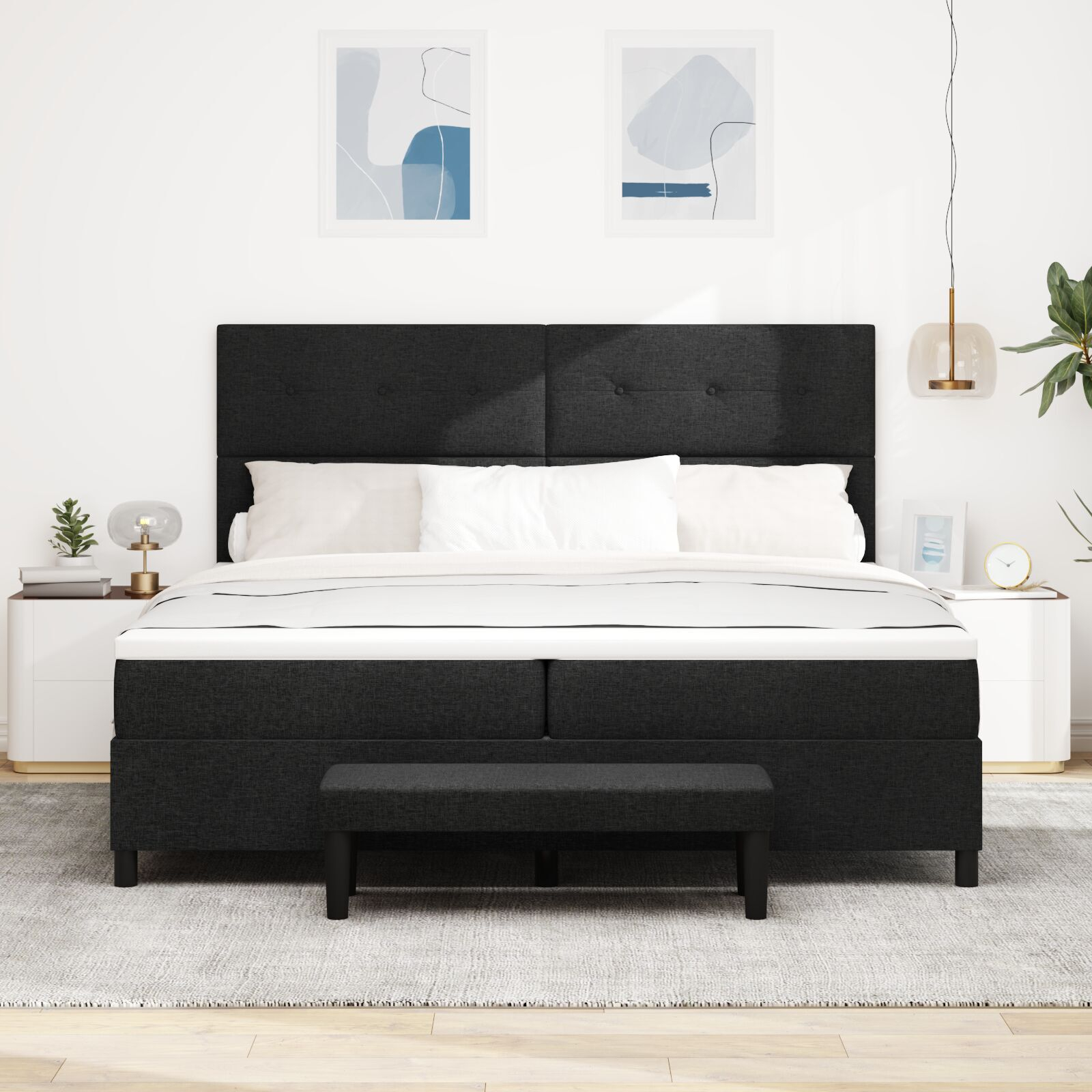 vidaXL Pat cu arcuri cu saltea Negru 200 x 200 cm țesătură vidaXL Pat cu arcuri cu saltea Negru 200 x 200 cm țesătură