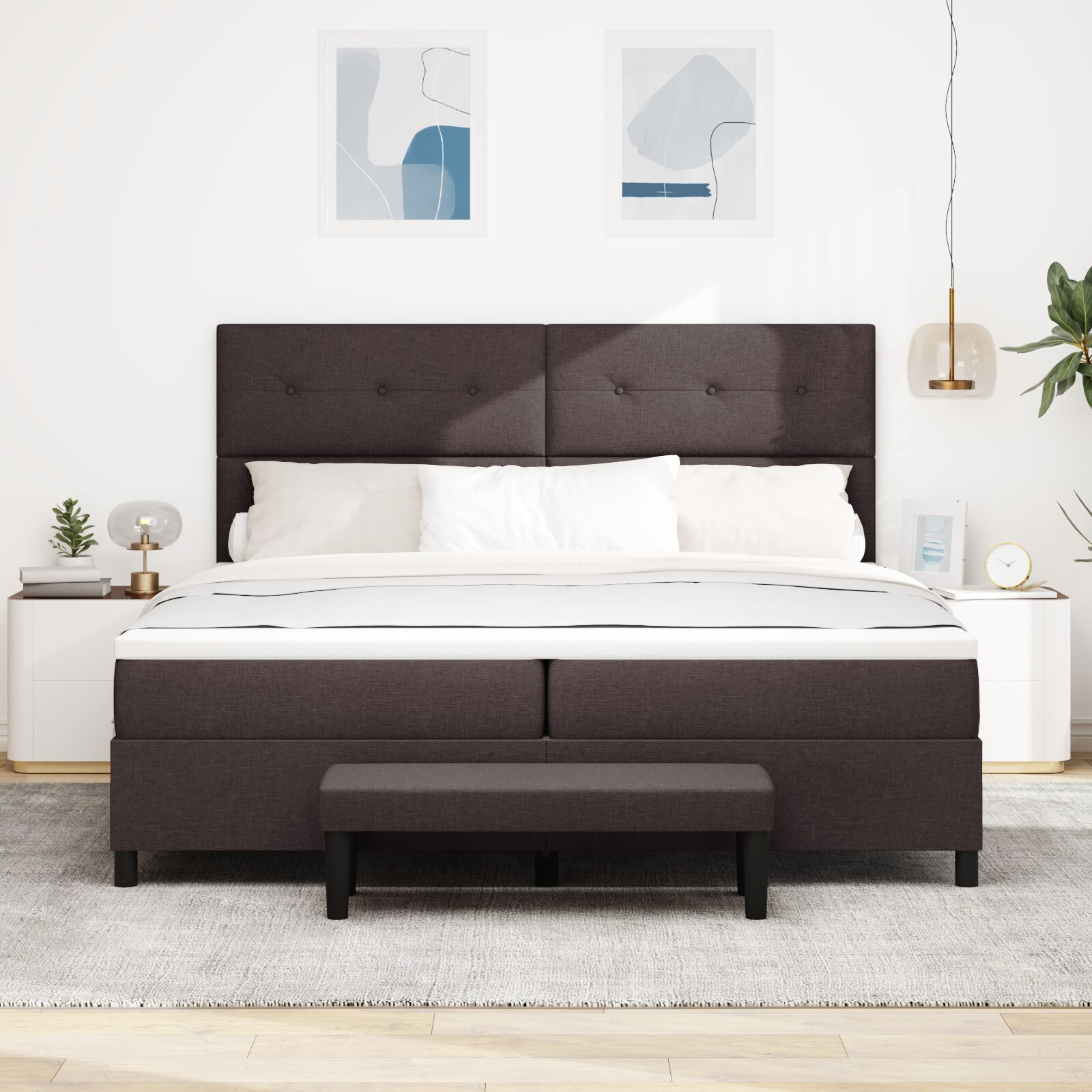 vidaXL Pat cu arcuri cu saltea Maro închis 200 x 200 cm țesătură vidaXL Pat cu arcuri cu saltea Maro închis 200 x 200 cm țesătură