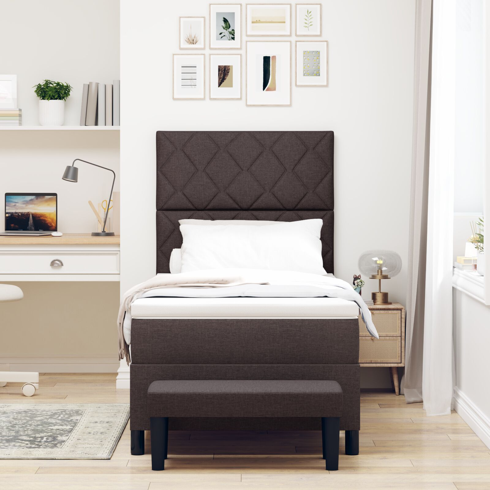 vidaXL Pat cu arcuri cu saltea Maro închis 90 x 200 cm țesătură vidaXL Pat cu arcuri cu saltea Maro închis 90 x 200 cm țesătură