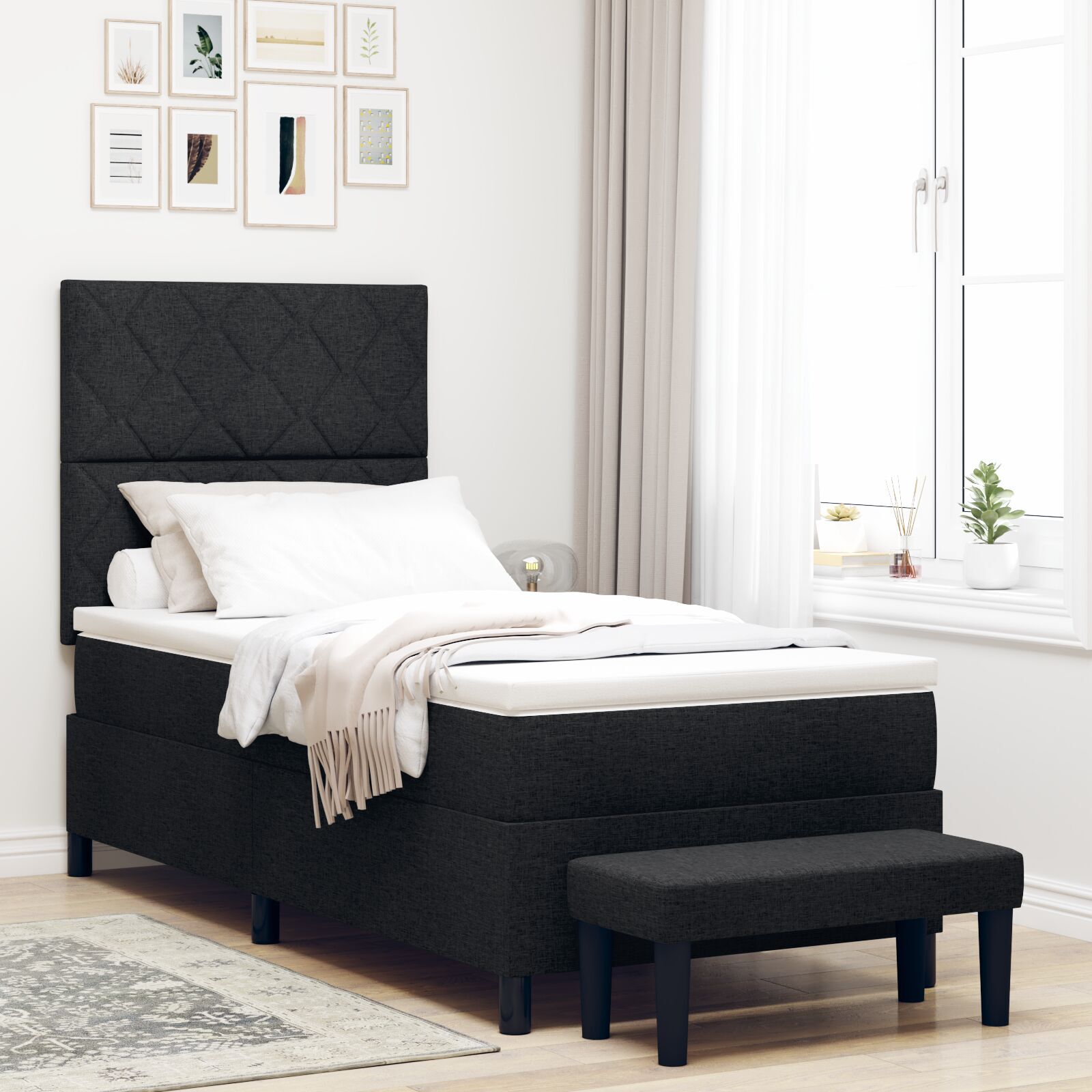 vidaXL Pat cu arcuri cu saltea Negru 100 x 200 cm țesătură vidaXL Pat cu arcuri cu saltea Negru 100 x 200 cm țesătură