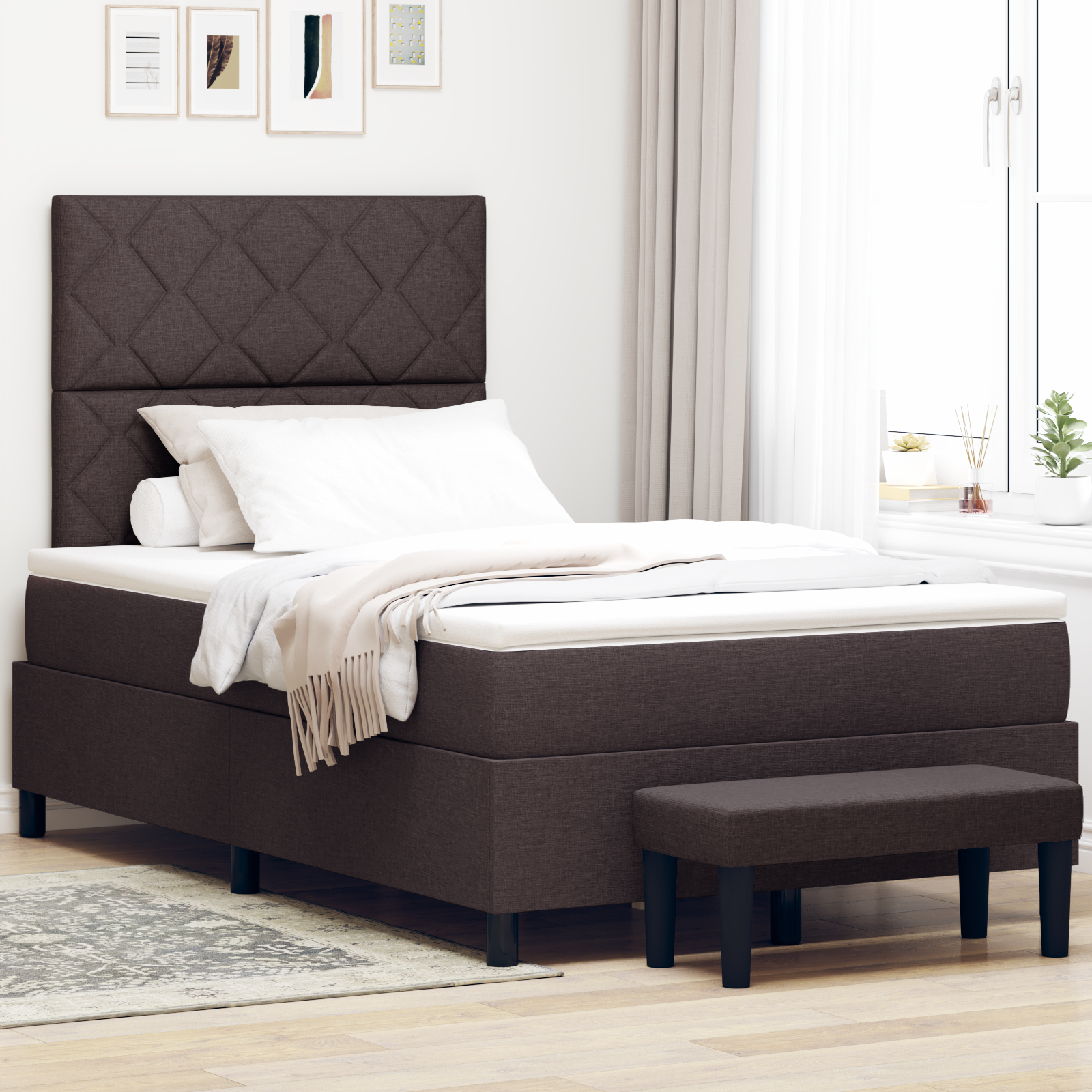 vidaXL Pat cu arcuri cu saltea Maro închis 120 x 200 cm țesătură vidaXL Pat cu arcuri cu saltea Maro închis 120 x 200 cm țesătură