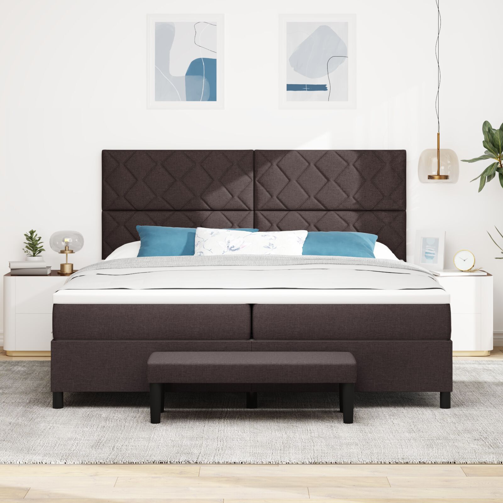 vidaXL Pat cu arcuri cu saltea Maro închis 200 x 200 cm țesătură vidaXL Pat cu arcuri cu saltea Maro închis 200 x 200 cm țesătură
