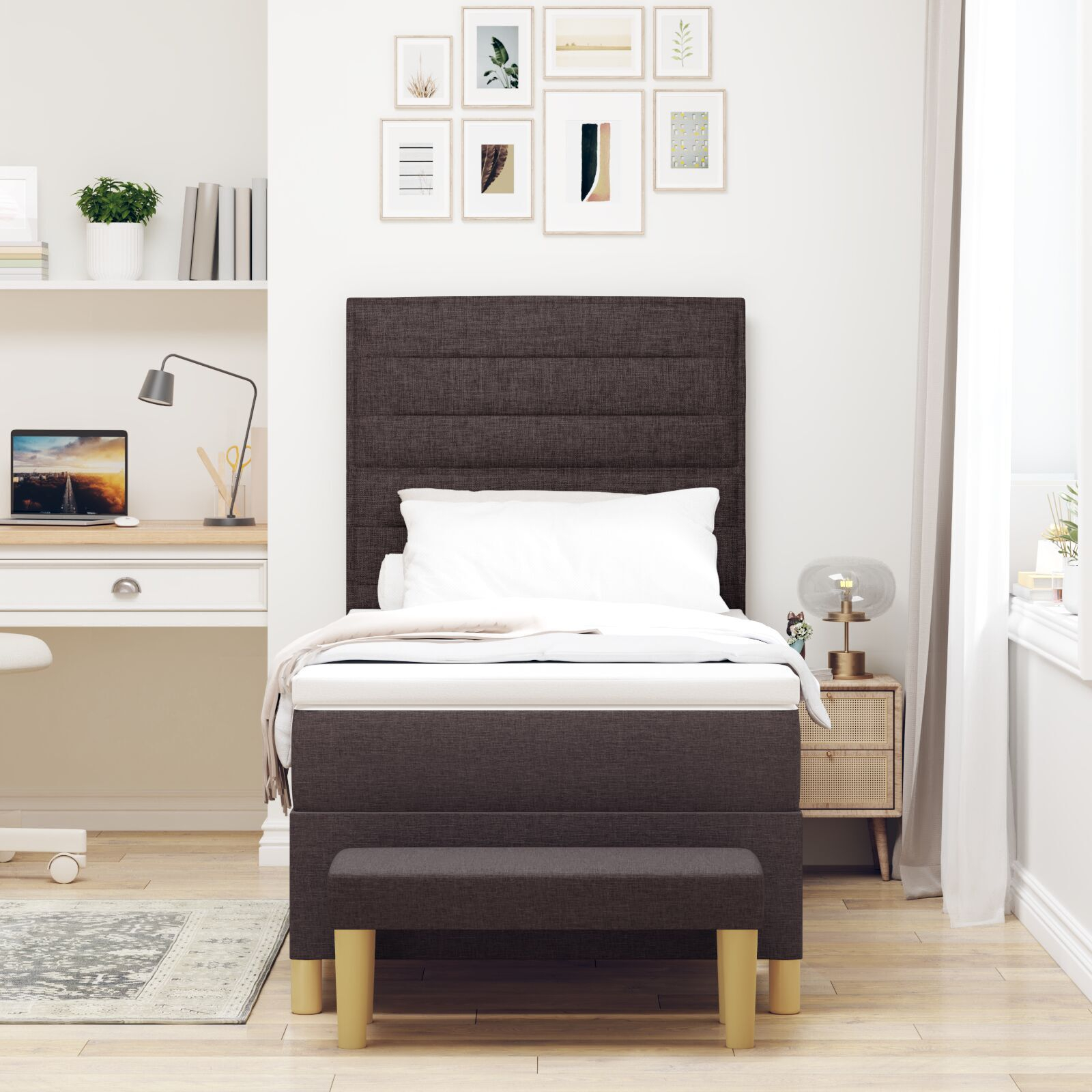 vidaXL Pat cu arcuri cu saltea Maro închis 90 x 200 cm țesătură vidaXL Pat cu arcuri cu saltea Maro închis 90 x 200 cm țesătură