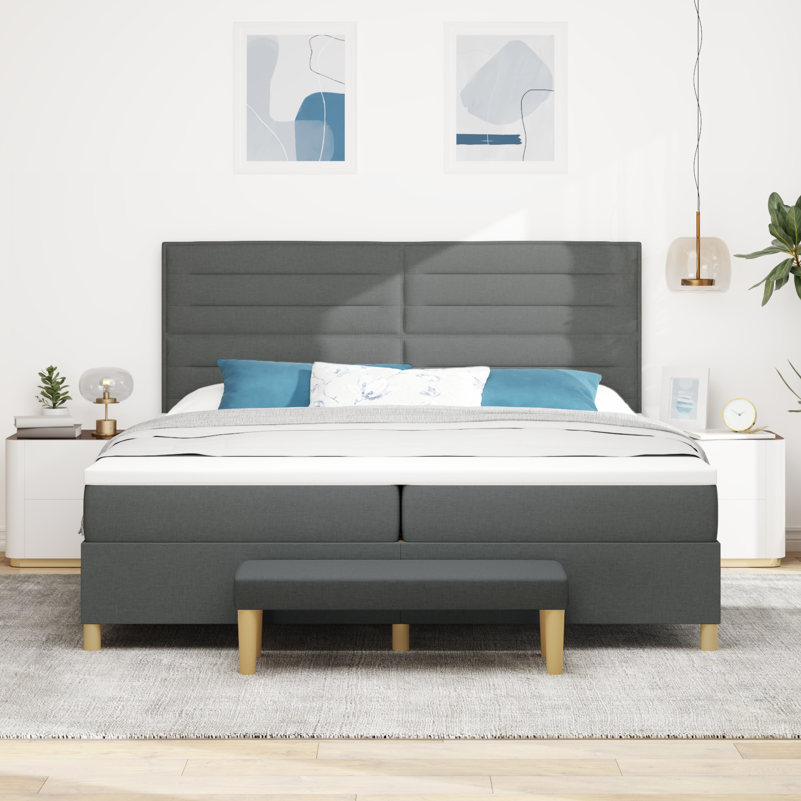 Pat Box Spring vidaXL cu Saltea și Bancă Gri Închis 200x200 cm Fabricat