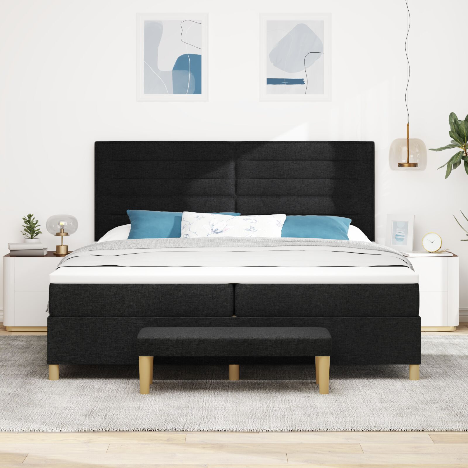vidaXL Pat cu arcuri cu saltea Negru 200 x 200 cm țesătură vidaXL Pat cu arcuri cu saltea Negru 200 x 200 cm țesătură