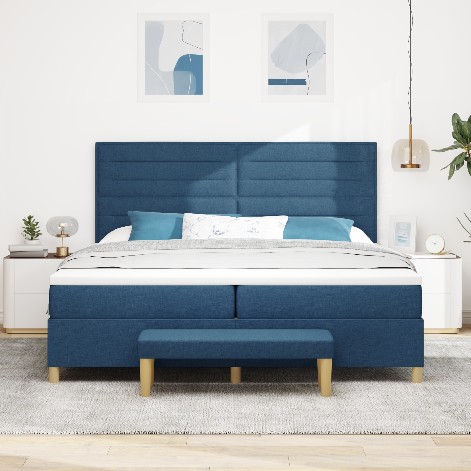 Pat cu somieră vidaXL cu saltea și băncuță Albastru 200x200 cm Material Pat cu somieră vidaXL cu saltea și băncuță Albastru 200x200 cm Material