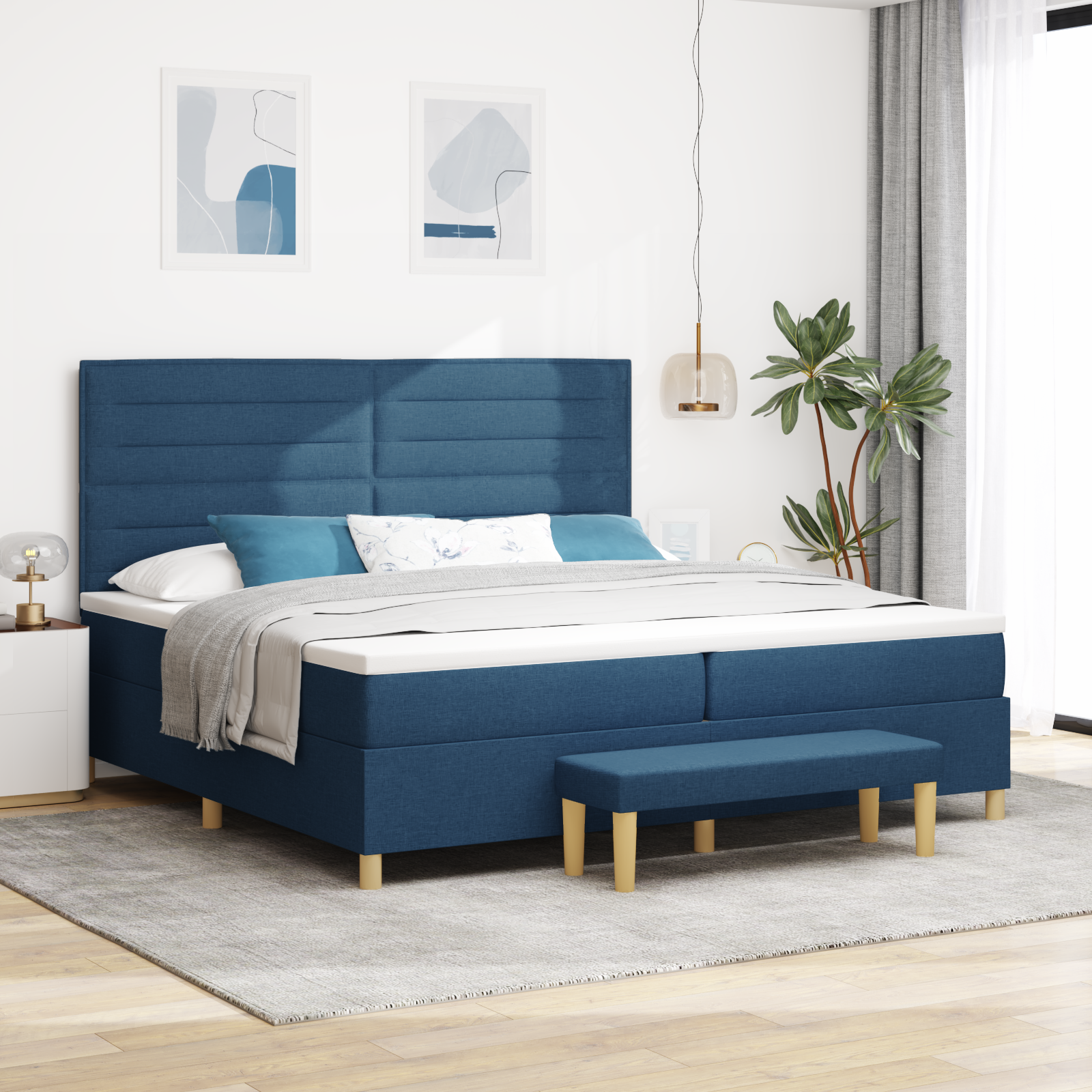 Pat cu somieră vidaXL cu saltea și băncuță Albastru 200x200 cm Material Pat cu somieră vidaXL cu saltea și băncuță Albastru 200x200 cm Material