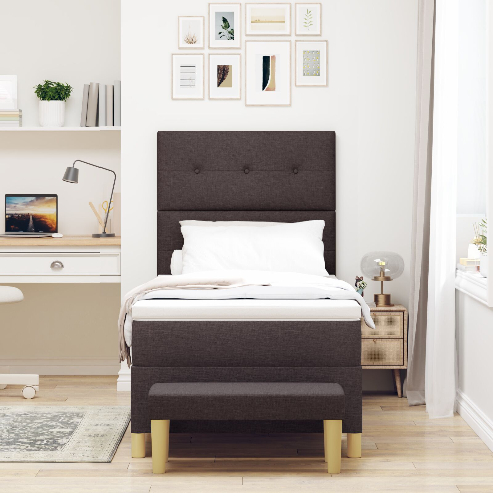 Pat Box Spring vidaXL cu Saltea și Bancă Culoare Maro închis 90x200 cm Țesătură Pat Box Spring vidaXL cu Saltea și Bancă Culoare Maro închis 90x200 cm Țesătură