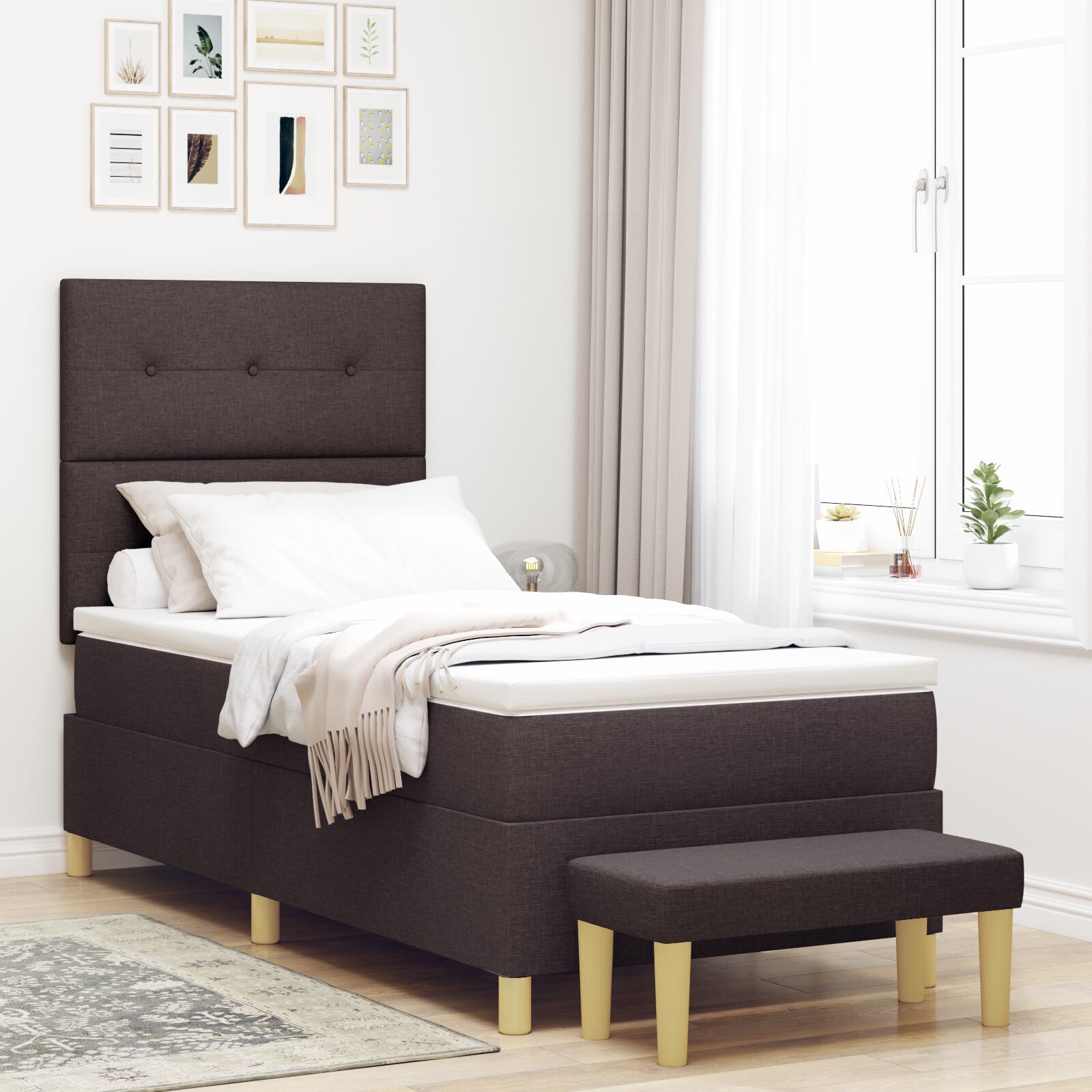 Pat Box Spring vidaXL cu Saltea și Bancă Culoare Maro închis 90x200 cm Țesătură Pat Box Spring vidaXL cu Saltea și Bancă Culoare Maro închis 90x200 cm Țesătură