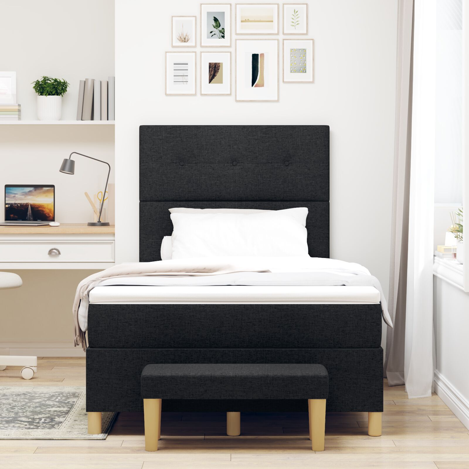 Pat Box Spring vidaXL cu saltea și băncuță Negru 120x200 cm Țesătură Pat Box Spring vidaXL cu saltea și băncuță Negru 120x200 cm Țesătură