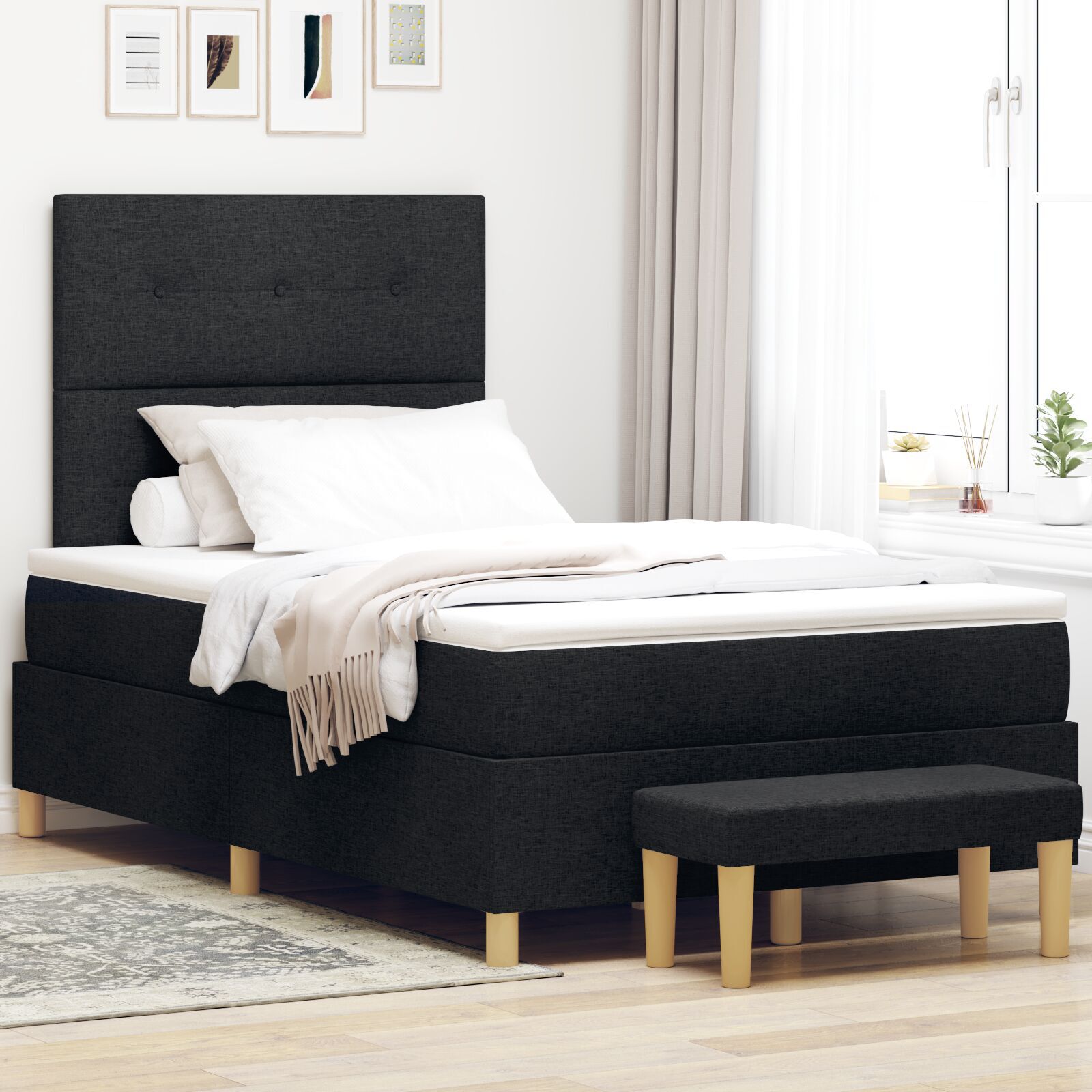 Pat Box Spring vidaXL cu saltea și băncuță Negru 120x200 cm Țesătură Pat Box Spring vidaXL cu saltea și băncuță Negru 120x200 cm Țesătură