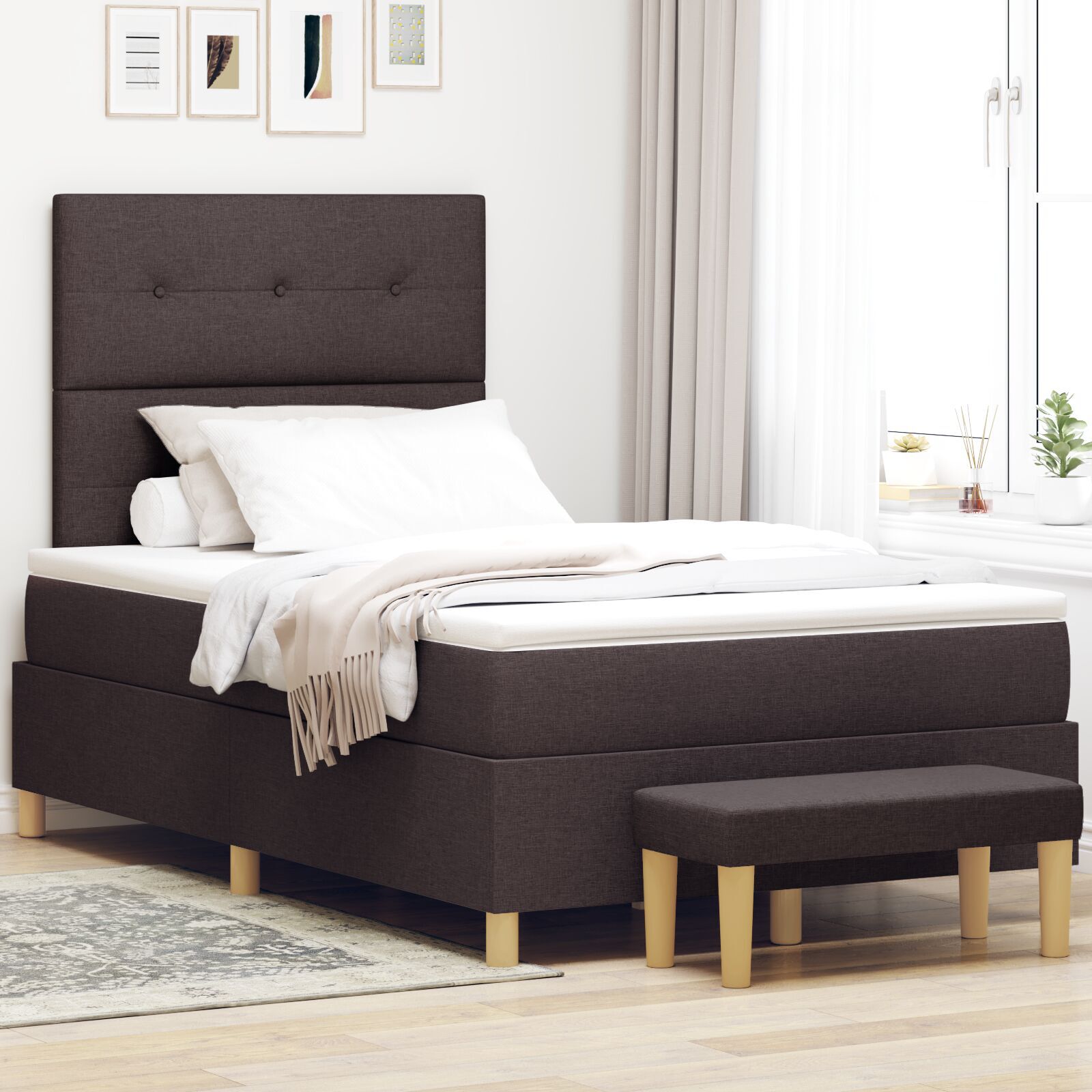 vidaXL Pat cu arcuri cu saltea Maro închis 120 x 200 cm țesătură vidaXL Pat cu arcuri cu saltea Maro închis 120 x 200 cm țesătură