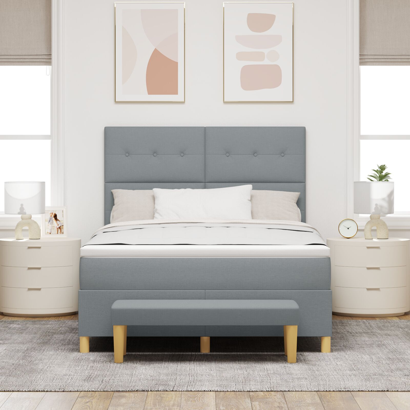 Pat cu saltea și bancă vidaXL Gri deschis 140x200 cm Material textil Pat cu saltea și bancă vidaXL Gri deschis 140x200 cm Material textil