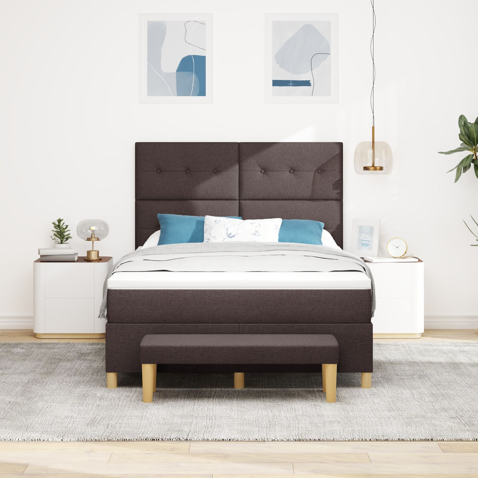 Pat Box Spring vidaXL cu Saltea și Bancă Maro Închis 140x200 cm Textil Pat Box Spring vidaXL cu Saltea și Bancă Maro Închis 140x200 cm Textil