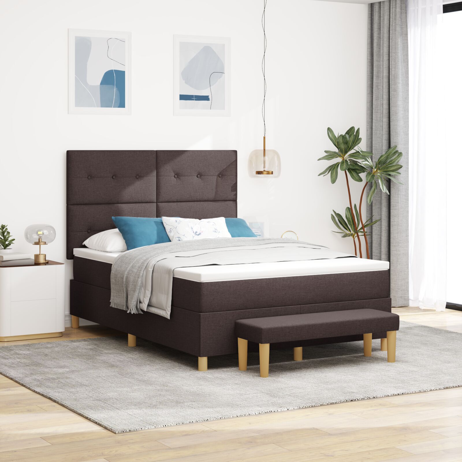 Pat Box Spring vidaXL cu Saltea și Bancă Maro Închis 140x200 cm Textil Pat Box Spring vidaXL cu Saltea și Bancă Maro Închis 140x200 cm Textil