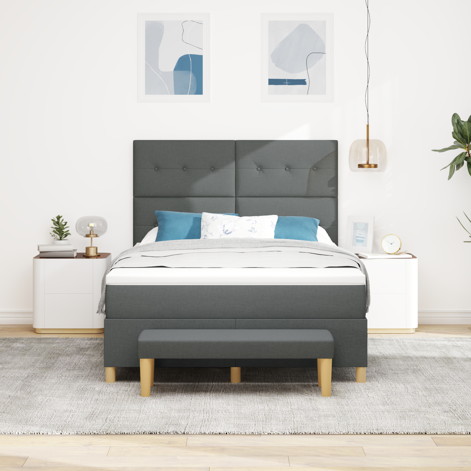 vidaXL Pat cu arcuri cu saltea Gri închis 160 x 200 cm țesătură vidaXL Pat cu arcuri cu saltea Gri închis 160 x 200 cm țesătură