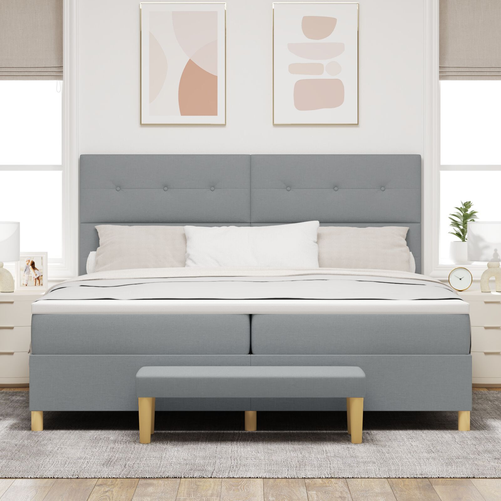 Pat Box Spring vidaXL cu Saltea și Bancă Gri deschis 200x200 cm Fabric Pat Box Spring vidaXL cu Saltea și Bancă Gri deschis 200x200 cm Fabric