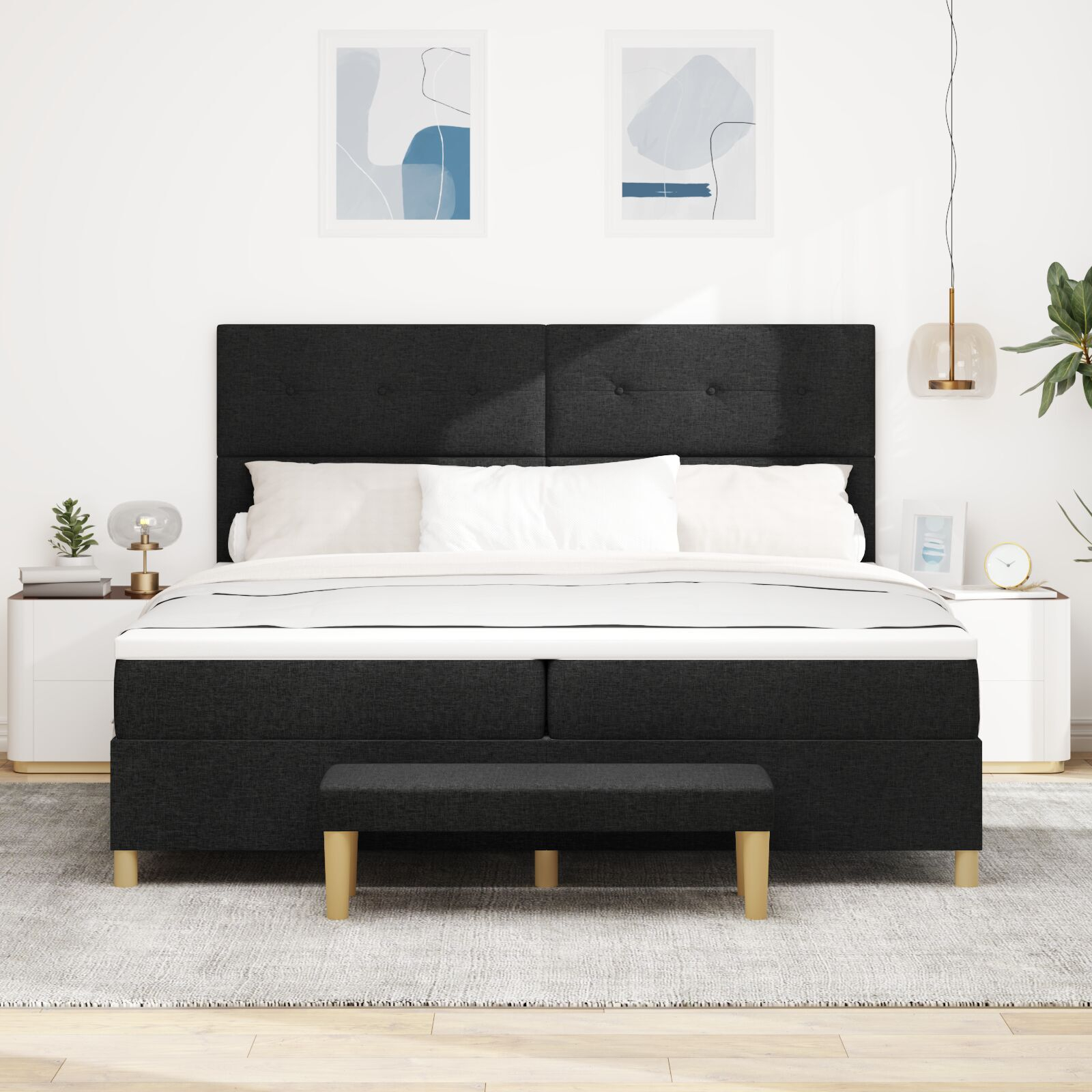 vidaXL Pat cu arcuri cu saltea Negru 200 x 200 cm țesătură vidaXL Pat cu arcuri cu saltea Negru 200 x 200 cm țesătură