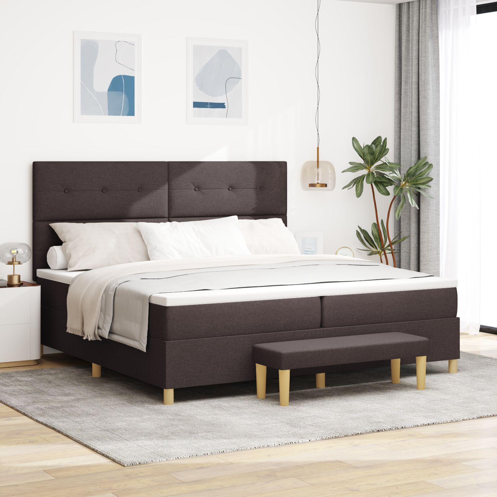 vidaXL Pat cu arcuri cu saltea Maro închis 200 x 200 cm țesătură vidaXL Pat cu arcuri cu saltea Maro închis 200 x 200 cm țesătură