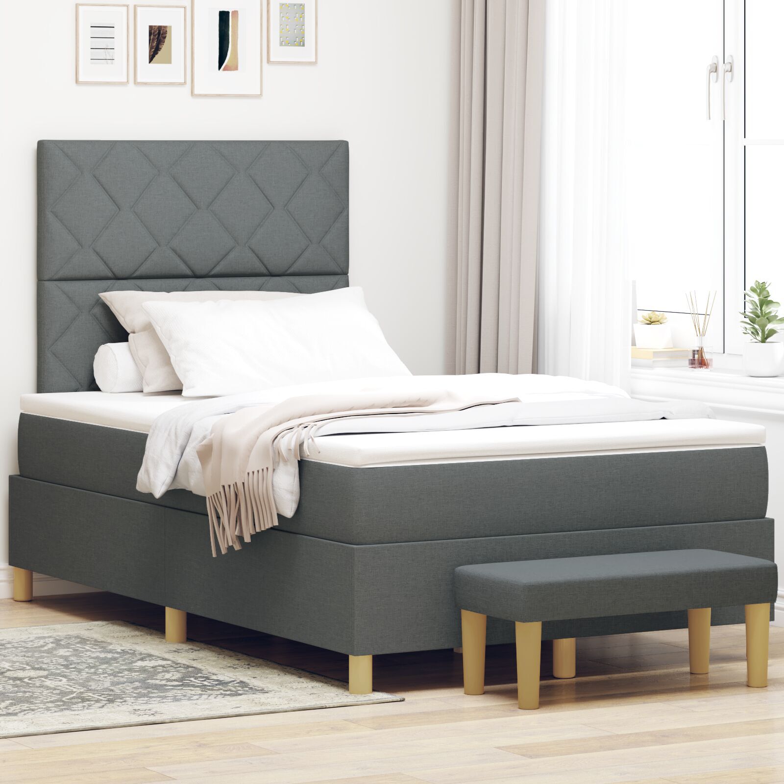 vidaXL Pat cu arcuri cu saltea Gri închis 120 x 190 cm țesătură vidaXL Pat cu arcuri cu saltea Gri închis 120 x 190 cm țesătură