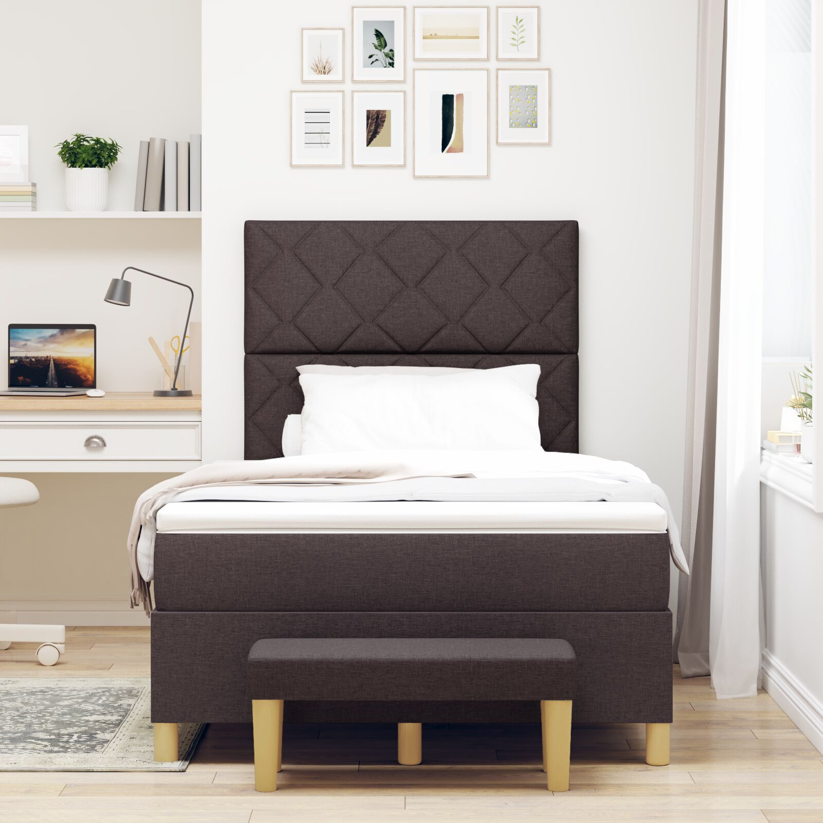 vidaXL Pat cu arcuri cu saltea Maro închis 120 x 200 cm țesătură vidaXL Pat cu arcuri cu saltea Maro închis 120 x 200 cm țesătură