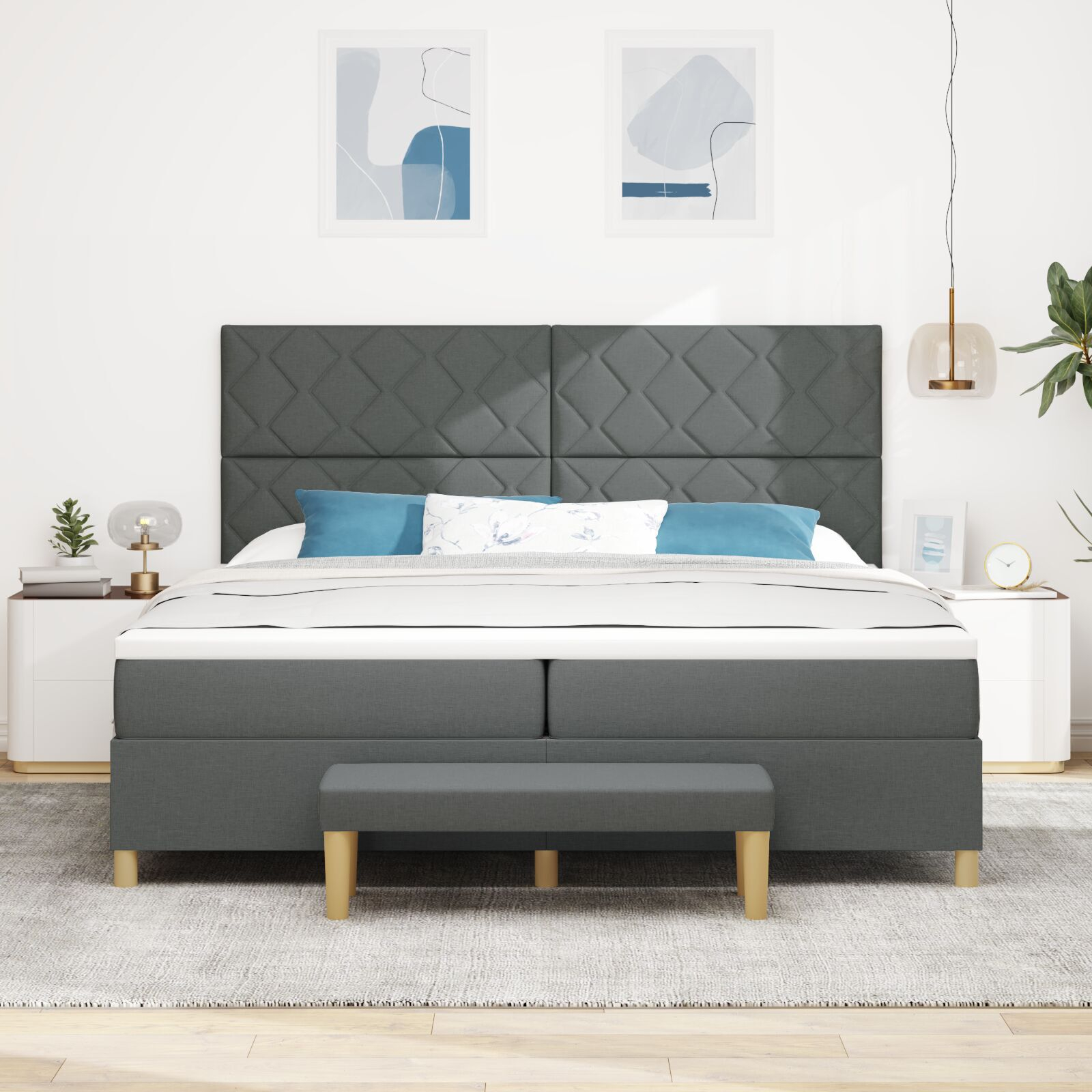 vidaXL Pat cu arcuri cu saltea Gri închis 200 x 200 cm țesătură vidaXL Pat cu arcuri cu saltea Gri închis 200 x 200 cm țesătură