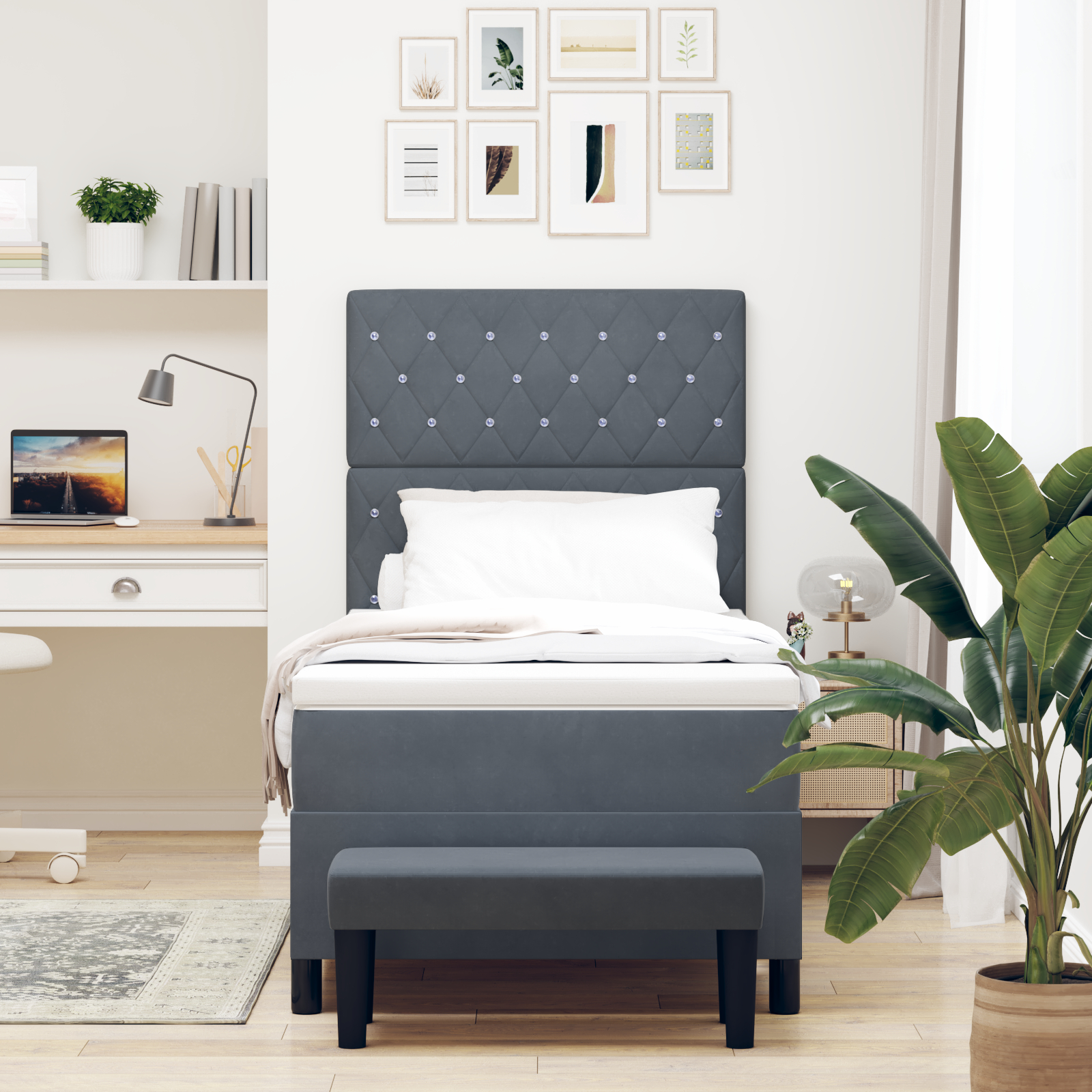 vidaXL Pat cu arcuri cu saltea Gri închis 90 x 190 cm Catifea vidaXL Pat cu arcuri cu saltea Gri închis 90 x 190 cm Catifea