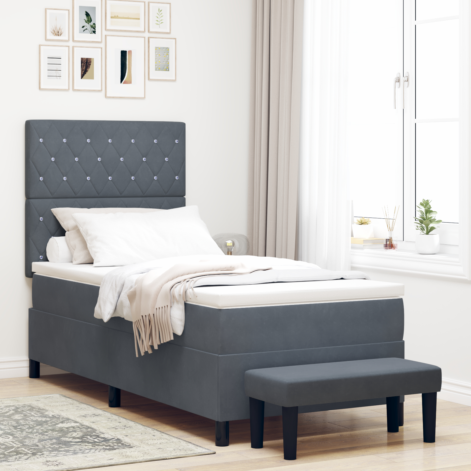 vidaXL Pat cu arcuri cu saltea Gri închis 90 x 190 cm Catifea vidaXL Pat cu arcuri cu saltea Gri închis 90 x 190 cm Catifea