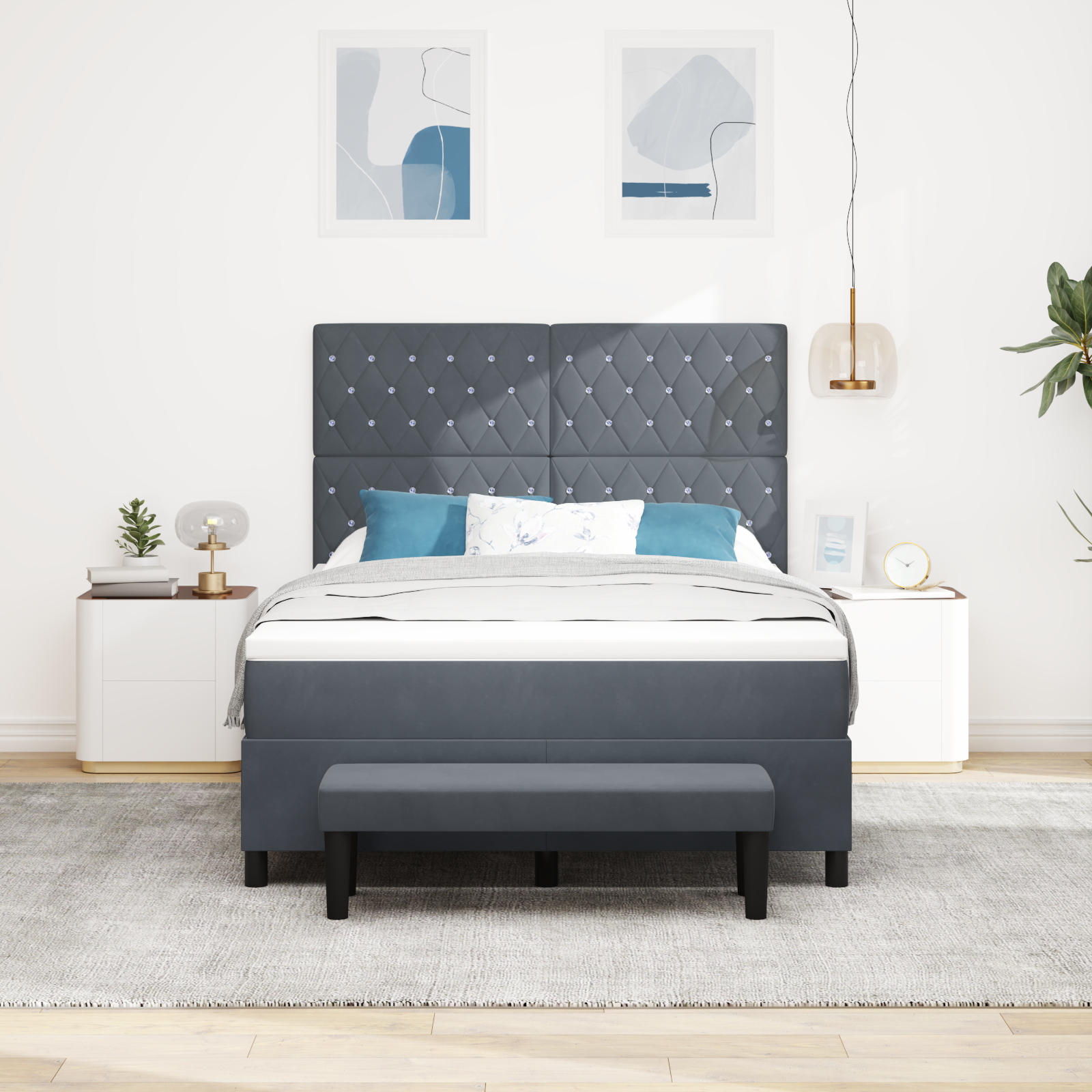 vidaXL Pat cu arcuri cu saltea Gri închis 140 x 190 cm Catifea vidaXL Pat cu arcuri cu saltea Gri închis 140 x 190 cm Catifea