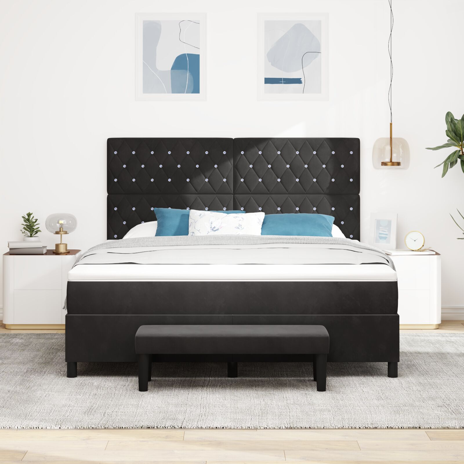 vidaXL Pat cu arcuri cu saltea cu headboard Negru 180 x 200 cm Catifea
