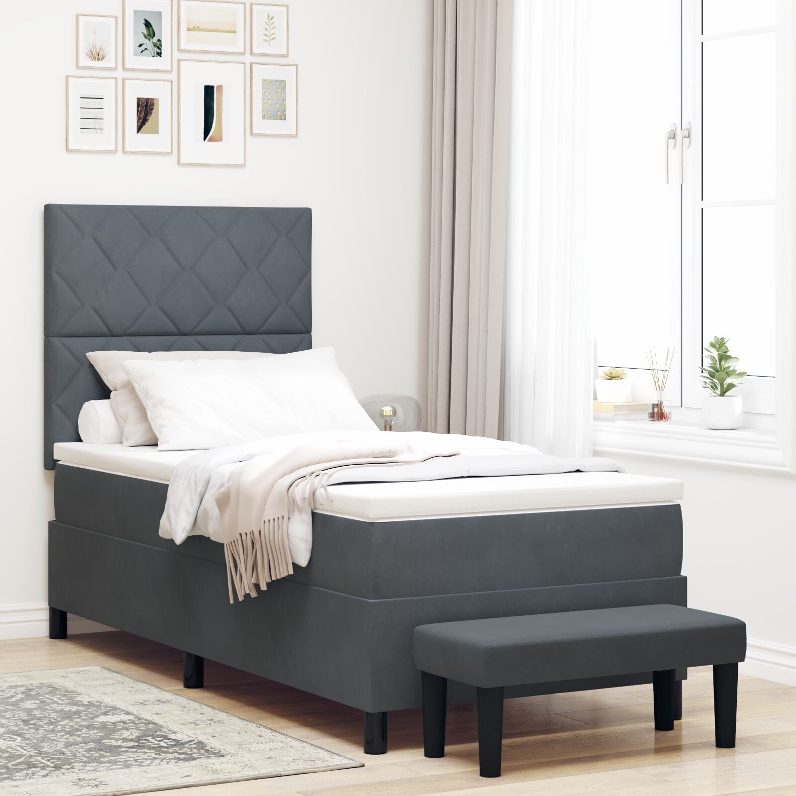 vidaXL Pat cu arcuri cu saltea Gri închis 90 x 200 cm Catifea vidaXL Pat cu arcuri cu saltea Gri închis 90 x 200 cm Catifea