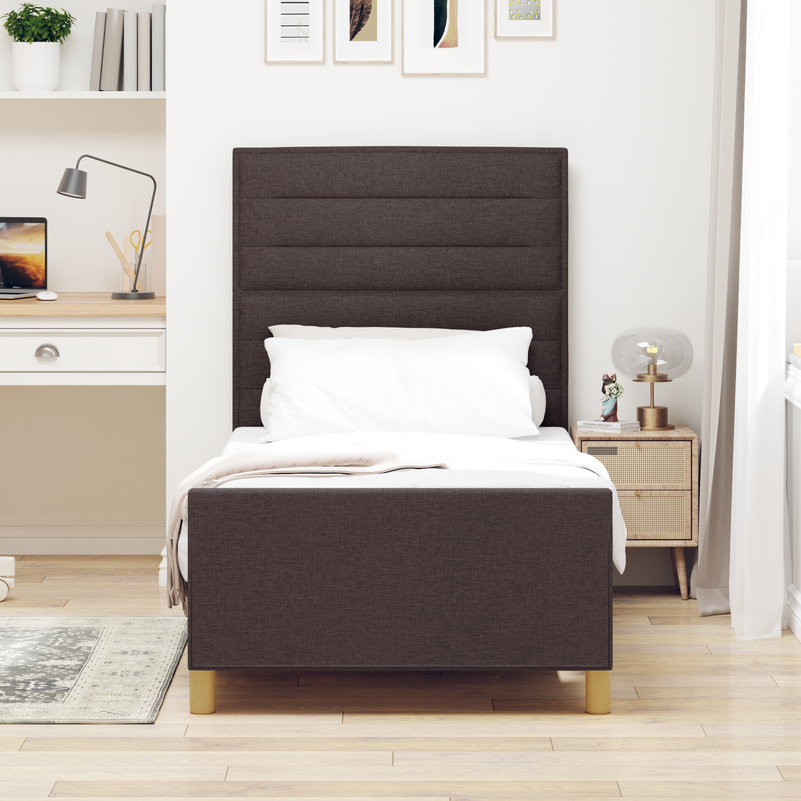 vidaXL Cadru de pat cu headboard Maro închis 90 x 200 cm țesătură vidaXL Cadru de pat cu headboard Maro închis 90 x 200 cm țesătură