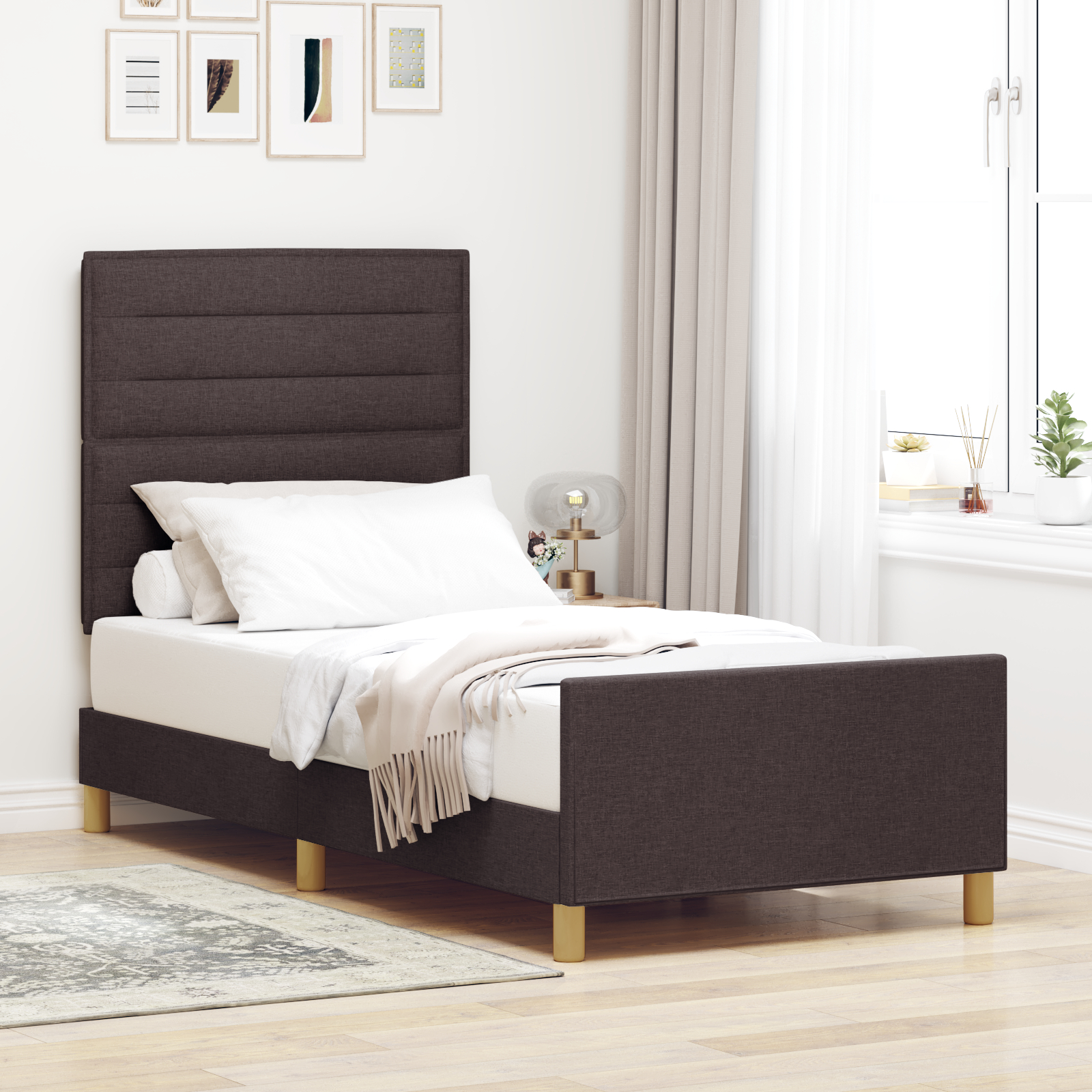 vidaXL Cadru de pat cu headboard Maro închis 90 x 200 cm țesătură vidaXL Cadru de pat cu headboard Maro închis 90 x 200 cm țesătură