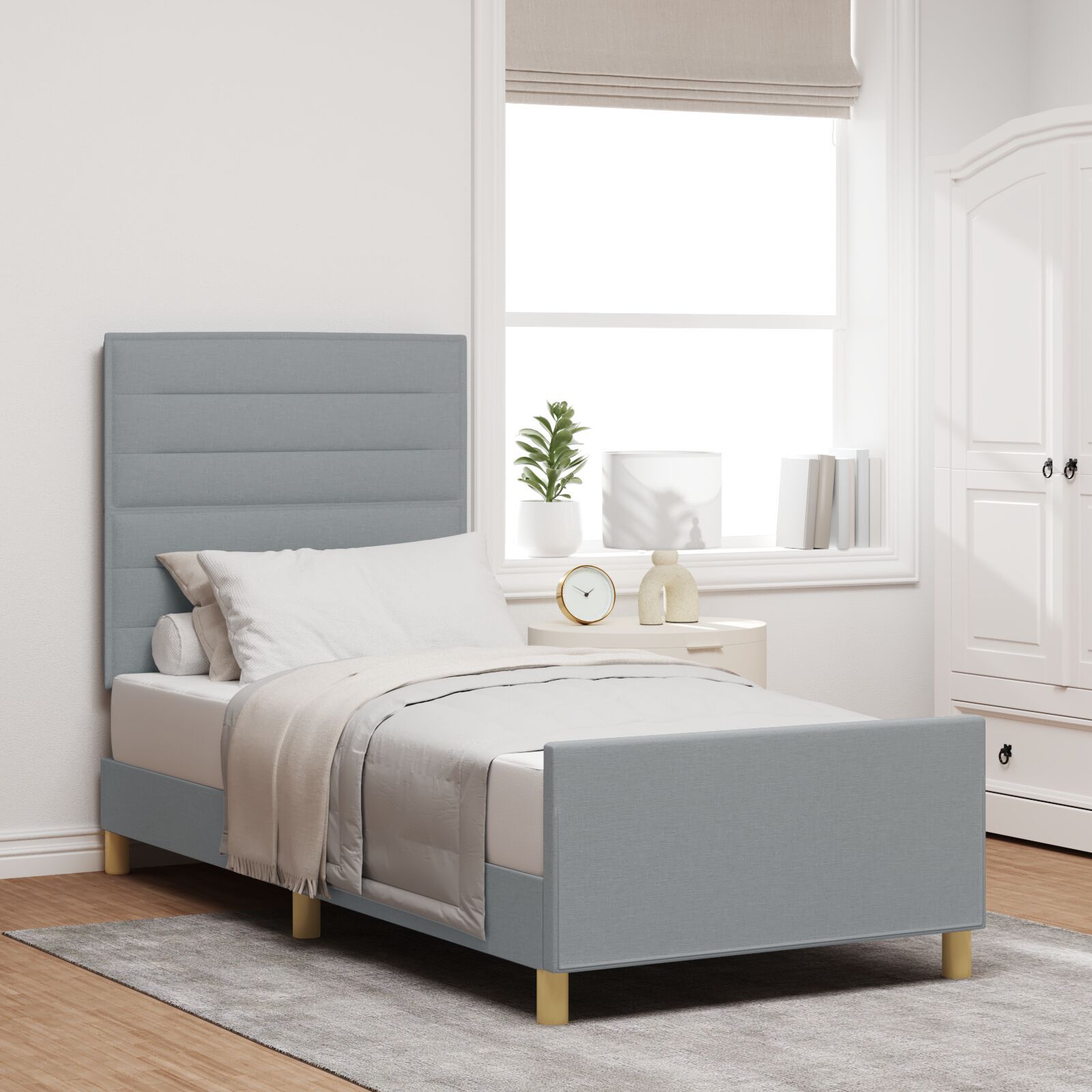 vidaXL Cadru de pat cu headboard Gri deschis 100 x 200 cm țesătură vidaXL Cadru de pat cu headboard Gri deschis 100 x 200 cm țesătură