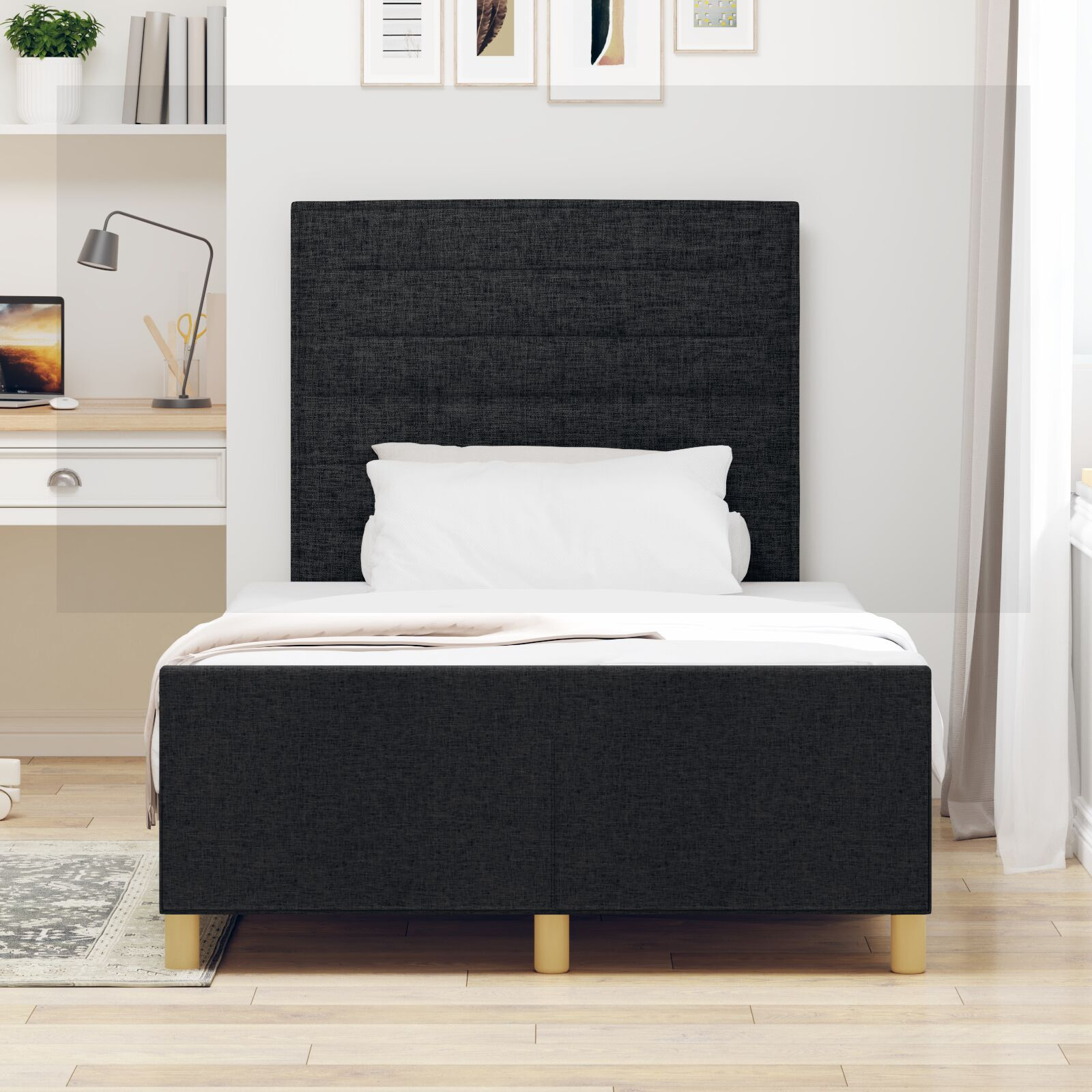 vidaXL Cadru de pat cu headboard Negru 120 x 190 cm țesătură vidaXL Cadru de pat cu headboard Negru 120 x 190 cm țesătură