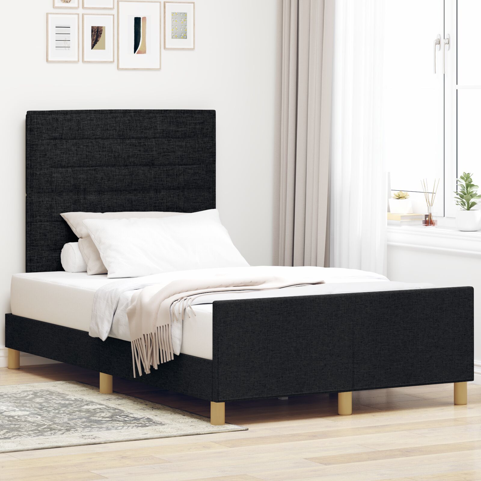 vidaXL Cadru de pat cu headboard Negru 120 x 190 cm țesătură vidaXL Cadru de pat cu headboard Negru 120 x 190 cm țesătură