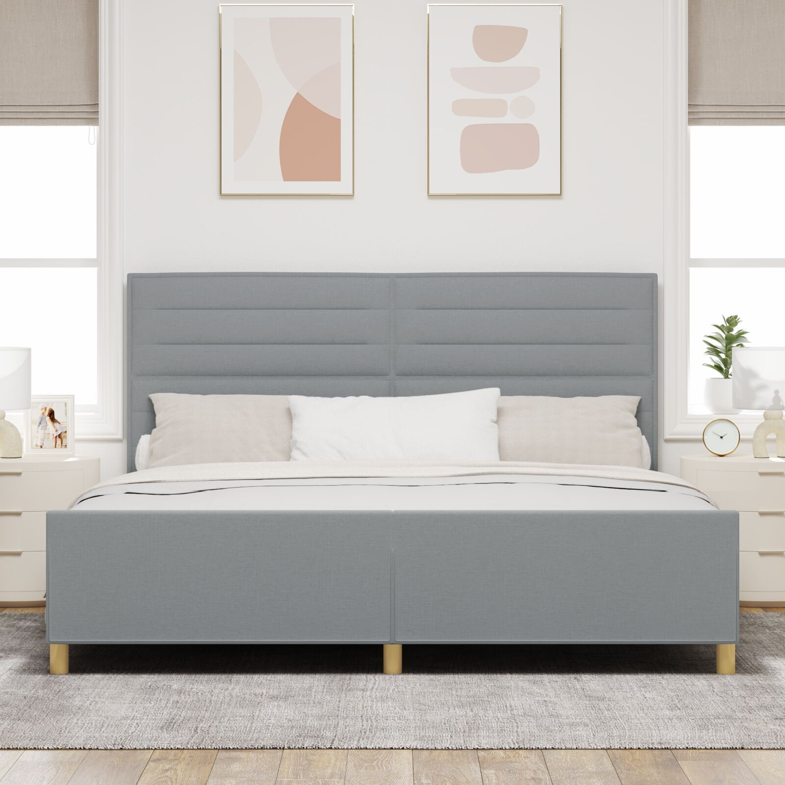 vidaXL Cadru de pat cu headboard Gri deschis 200 x 200 cm țesătură vidaXL Cadru de pat cu headboard Gri deschis 200 x 200 cm țesătură
