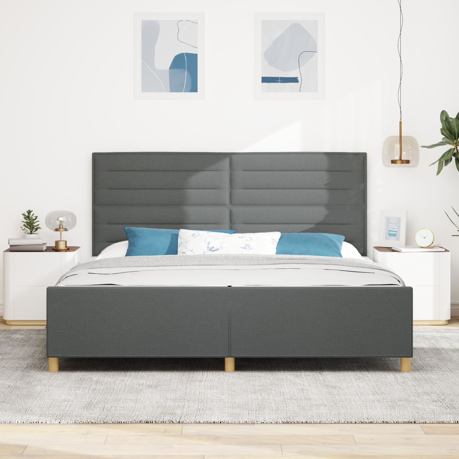 vidaXL Cadru de pat cu headboard Gri închis 200 x 200 cm țesătură vidaXL Cadru de pat cu headboard Gri închis 200 x 200 cm țesătură