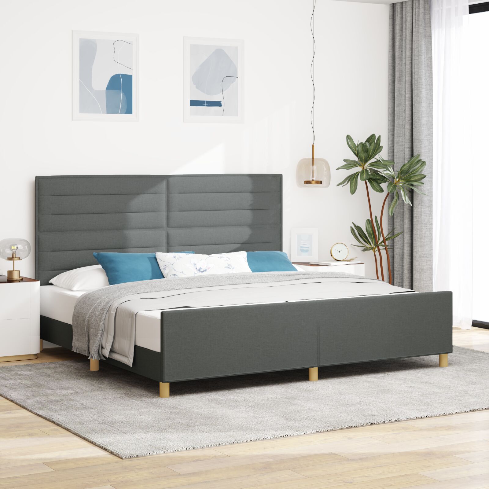 vidaXL Cadru de pat cu headboard Gri închis 200 x 200 cm țesătură vidaXL Cadru de pat cu headboard Gri închis 200 x 200 cm țesătură