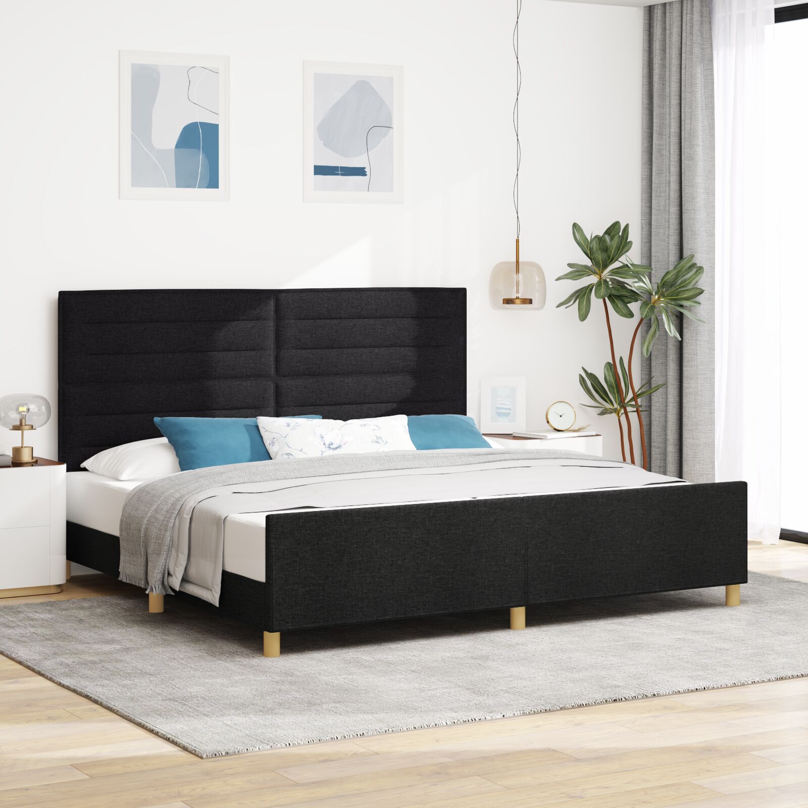 vidaXL Cadru de pat cu headboard Negru 200 x 200 cm țesătură vidaXL Cadru de pat cu headboard Negru 200 x 200 cm țesătură