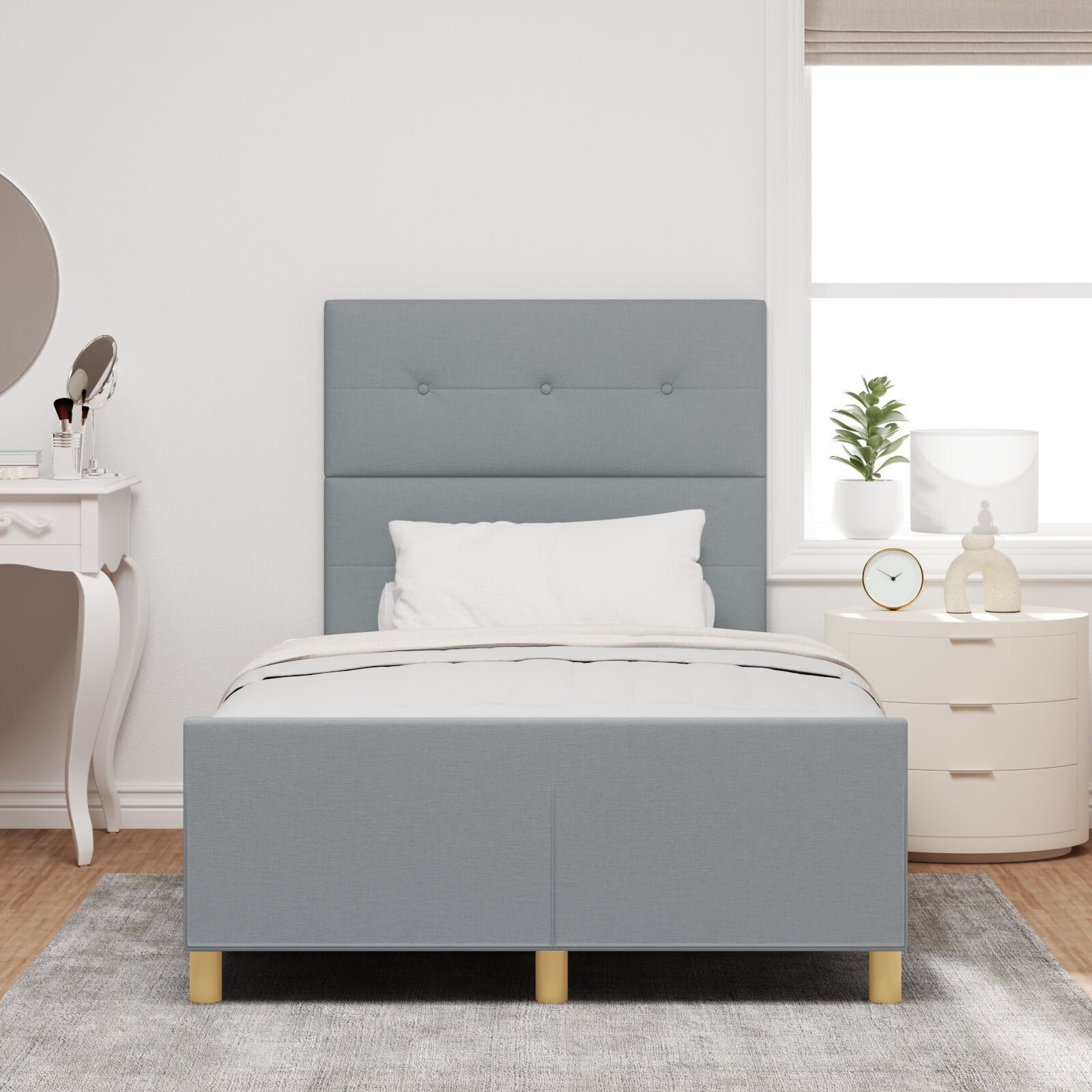 vidaXL Cadru de pat cu headboard Gri deschis 120 x 200 cm țesătură vidaXL Cadru de pat cu headboard Gri deschis 120 x 200 cm țesătură