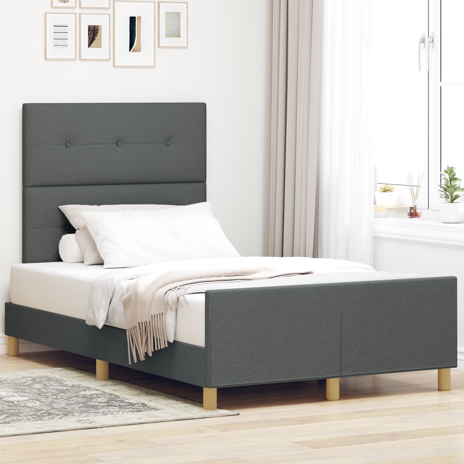 vidaXL Cadru de pat cu headboard Gri închis 120 x 200 cm țesătură vidaXL Cadru de pat cu headboard Gri închis 120 x 200 cm țesătură